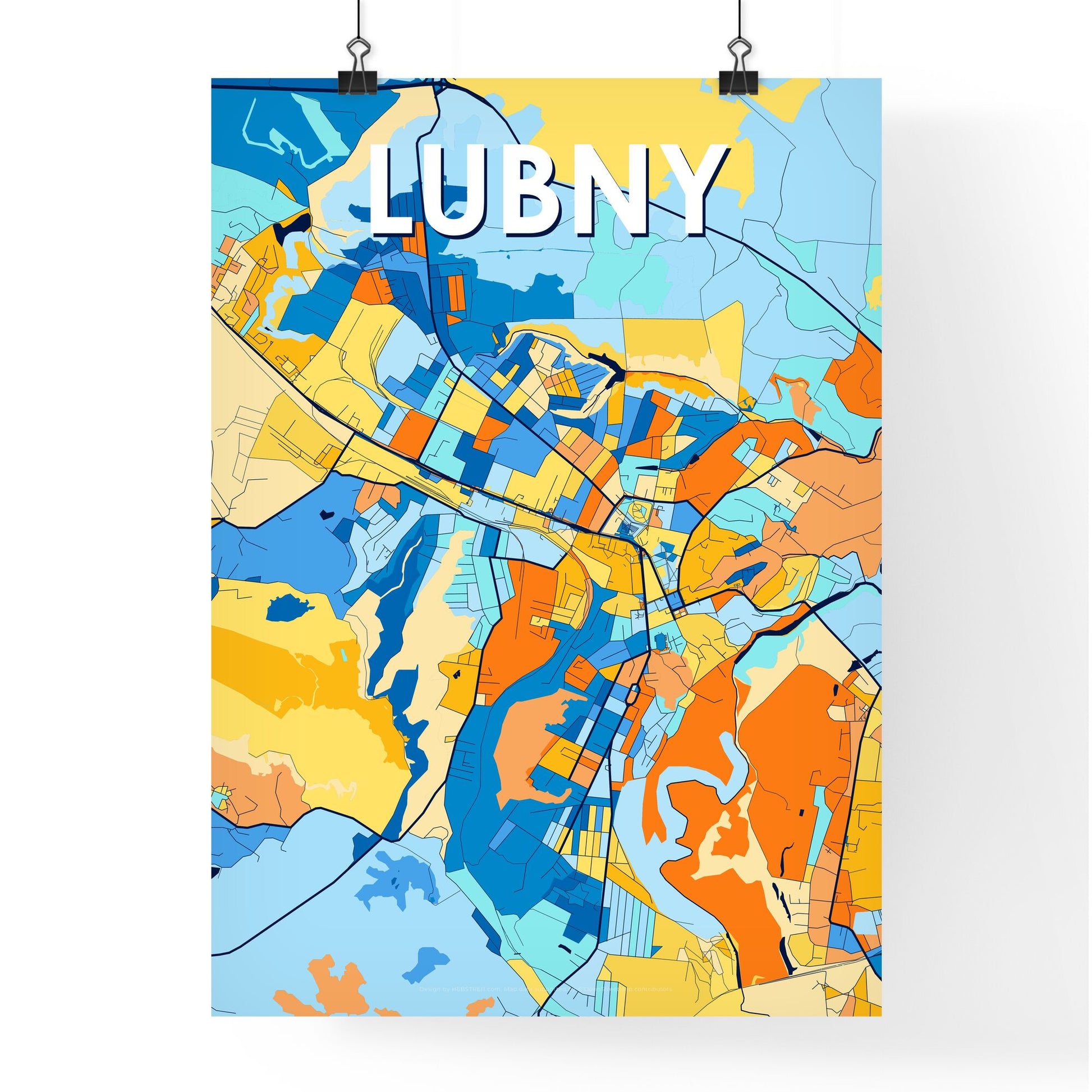 LUBNY UKRAINE Vibrant Colorful Art Map Poster Blue Orange