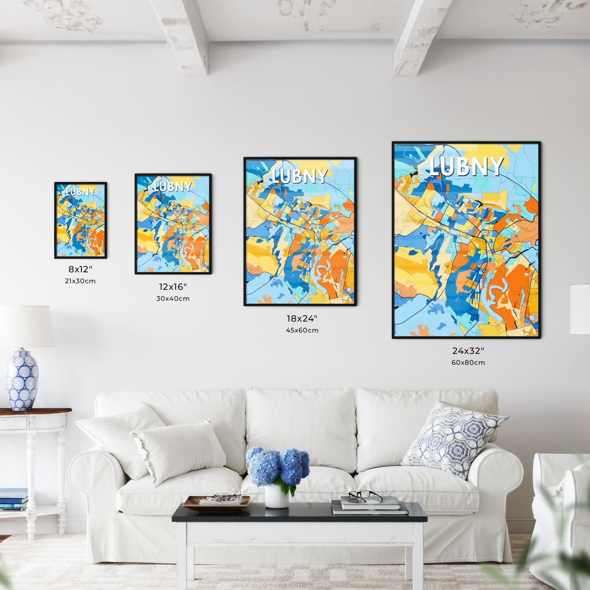 LUBNY UKRAINE Vibrant Colorful Art Map Poster Blue Orange