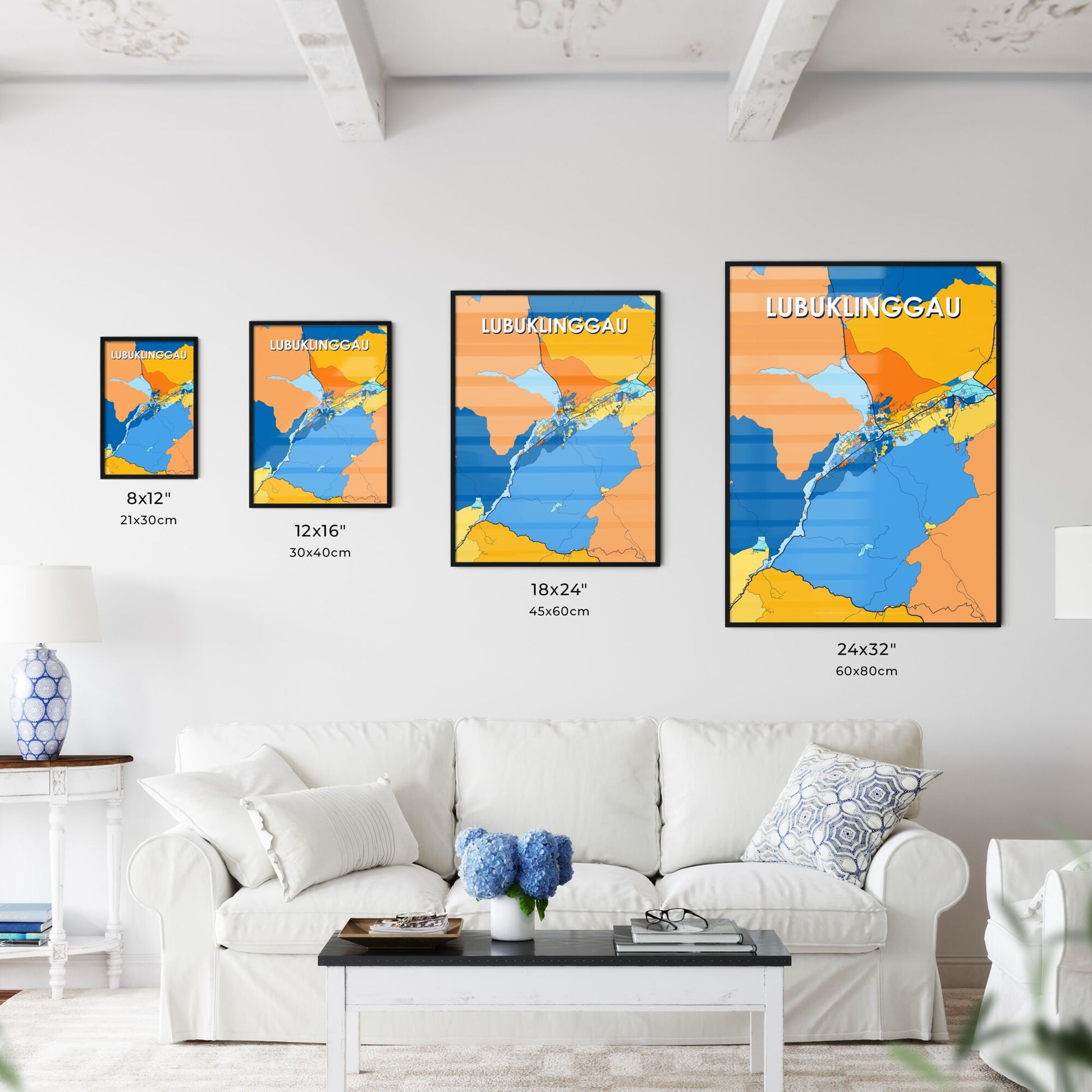 LUBUKLINGGAU INDONESIA Vibrant Colorful Art Map Poster Blue Orange