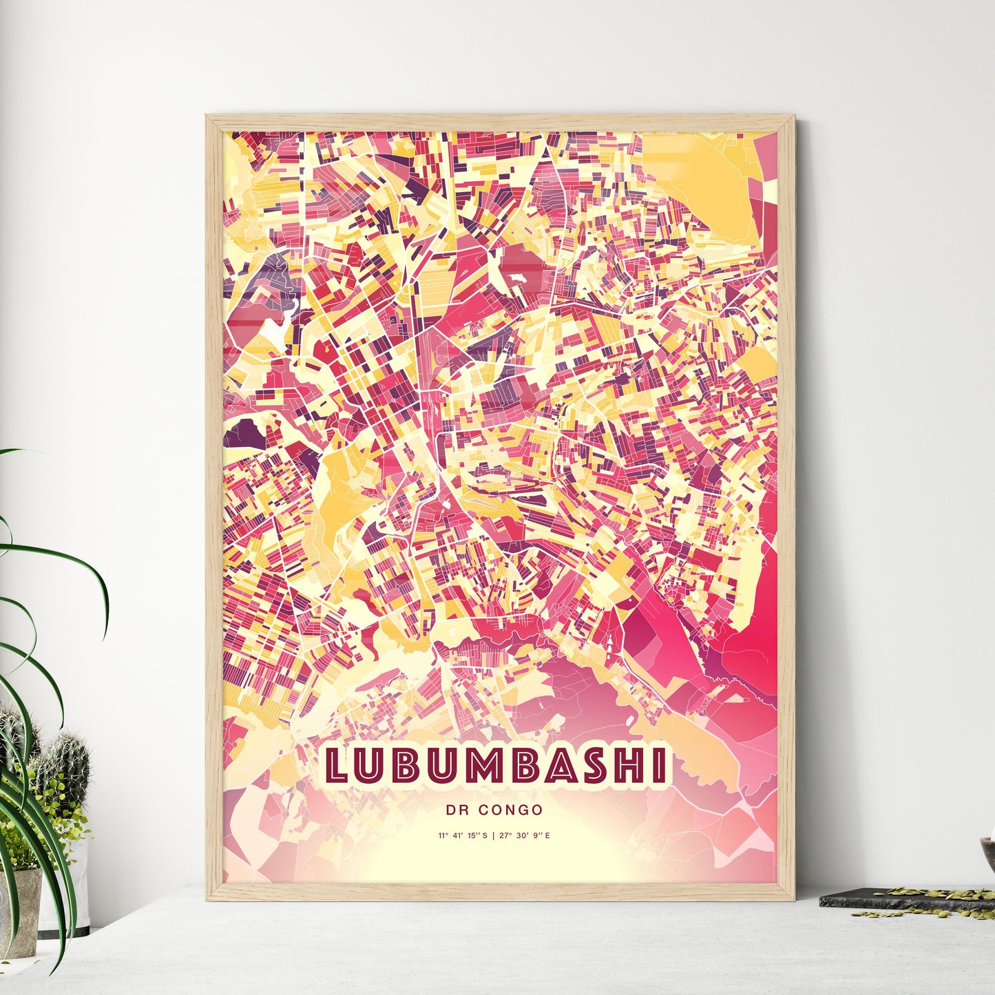 Colorful Lubumbashi Dr Congo Fine Art Map Hot Red