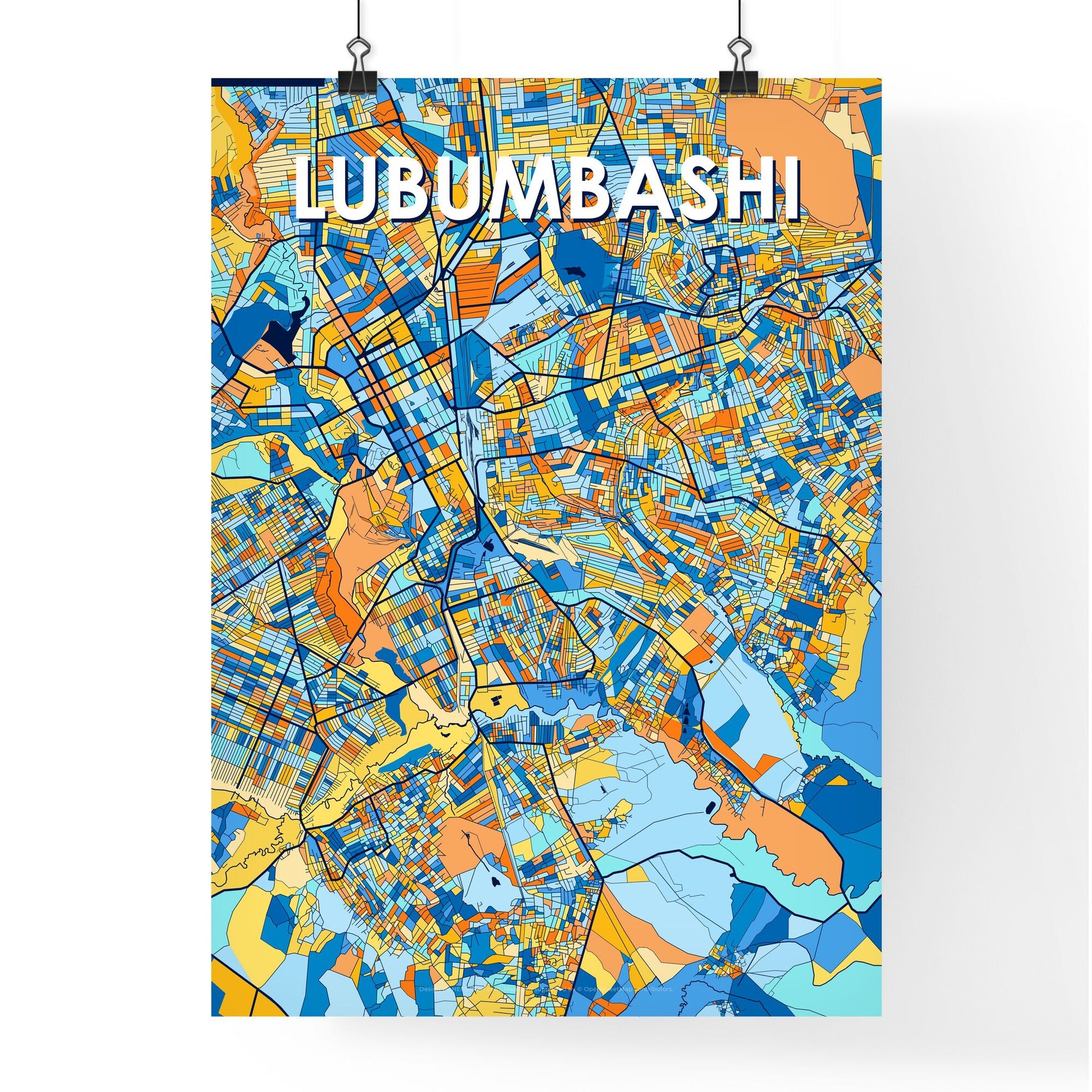 LUBUMBASHI DR CONGO Vibrant Colorful Art Map Poster Blue Orange