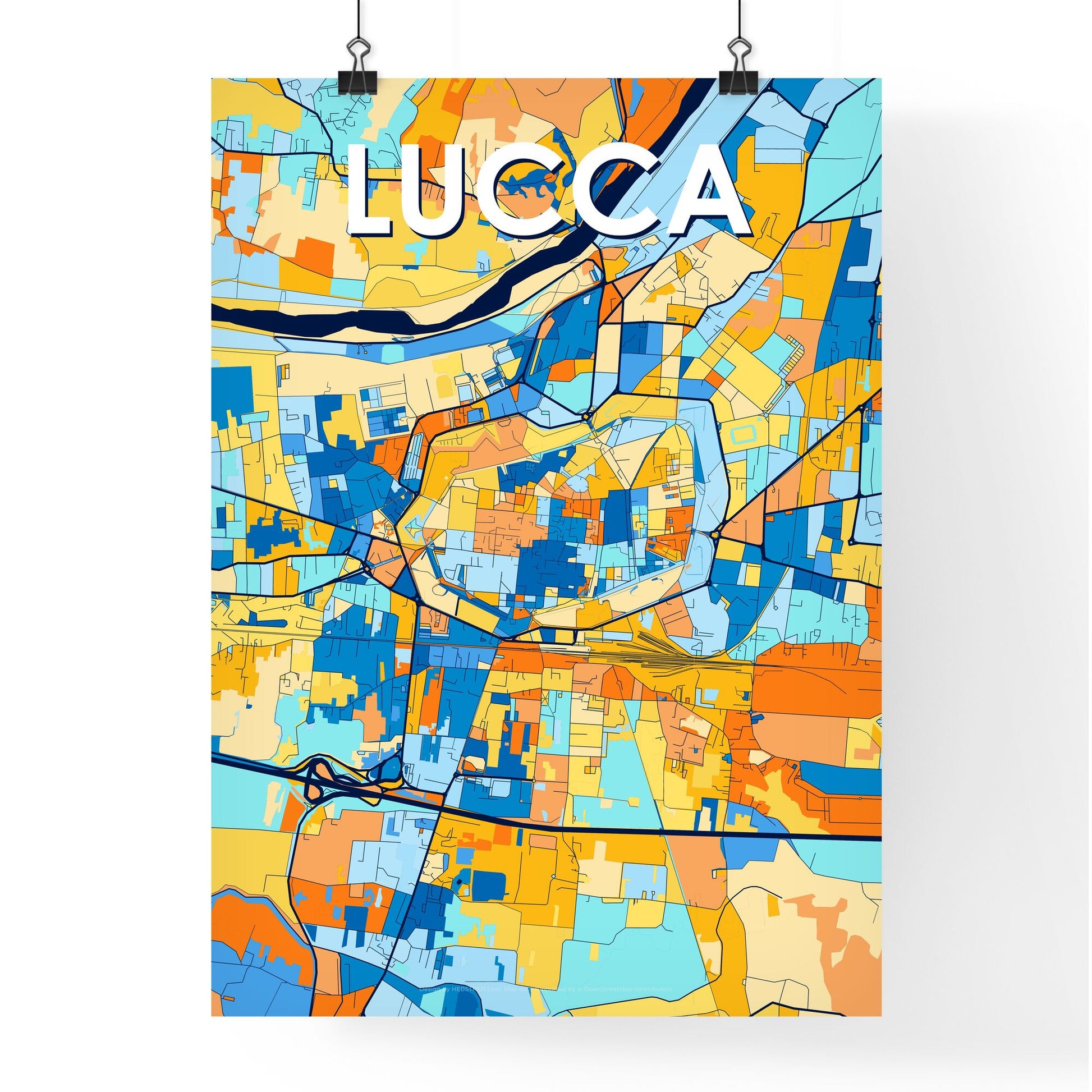 LUCCA ITALY Vibrant Colorful Art Map Poster Blue Orange