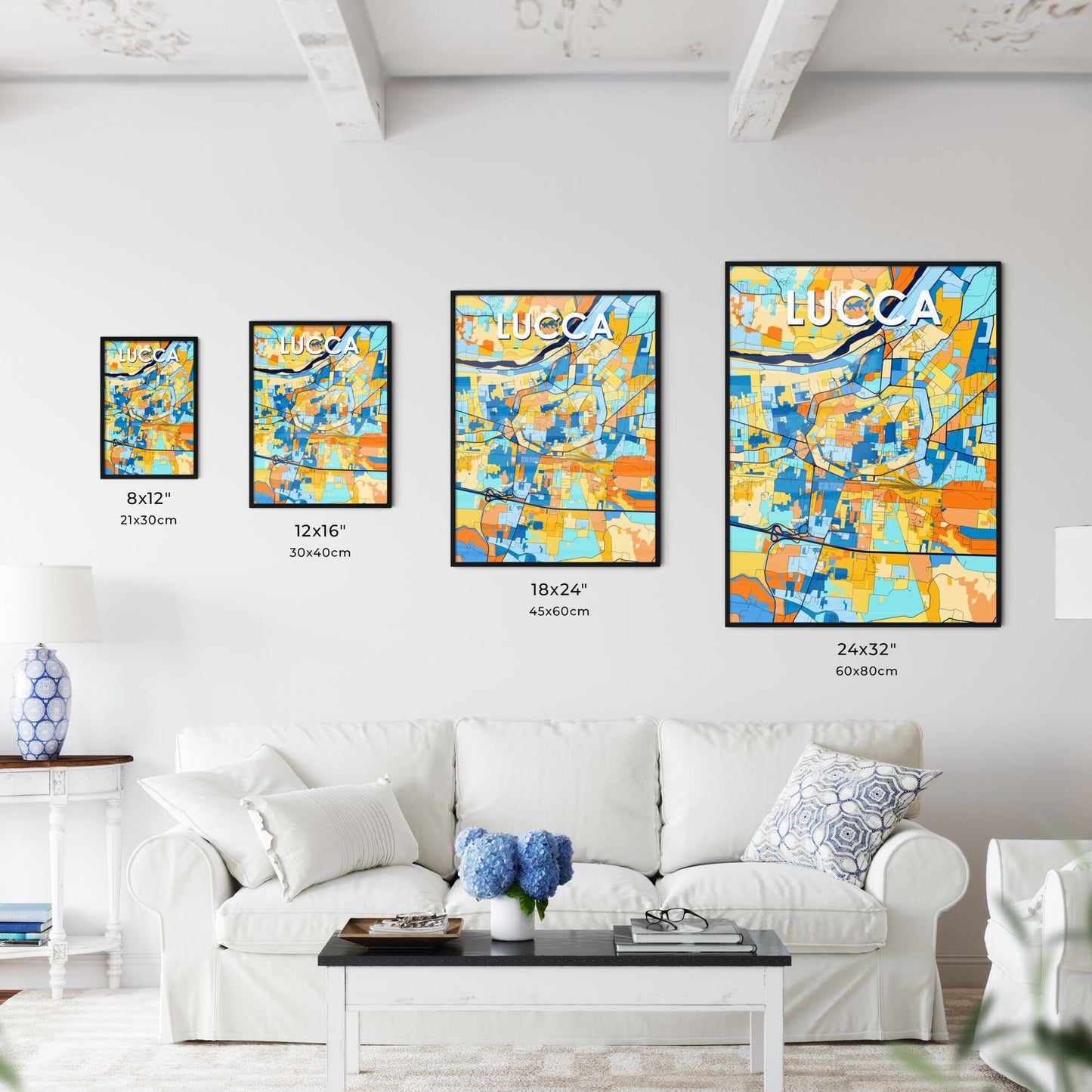 LUCCA ITALY Vibrant Colorful Art Map Poster Blue Orange