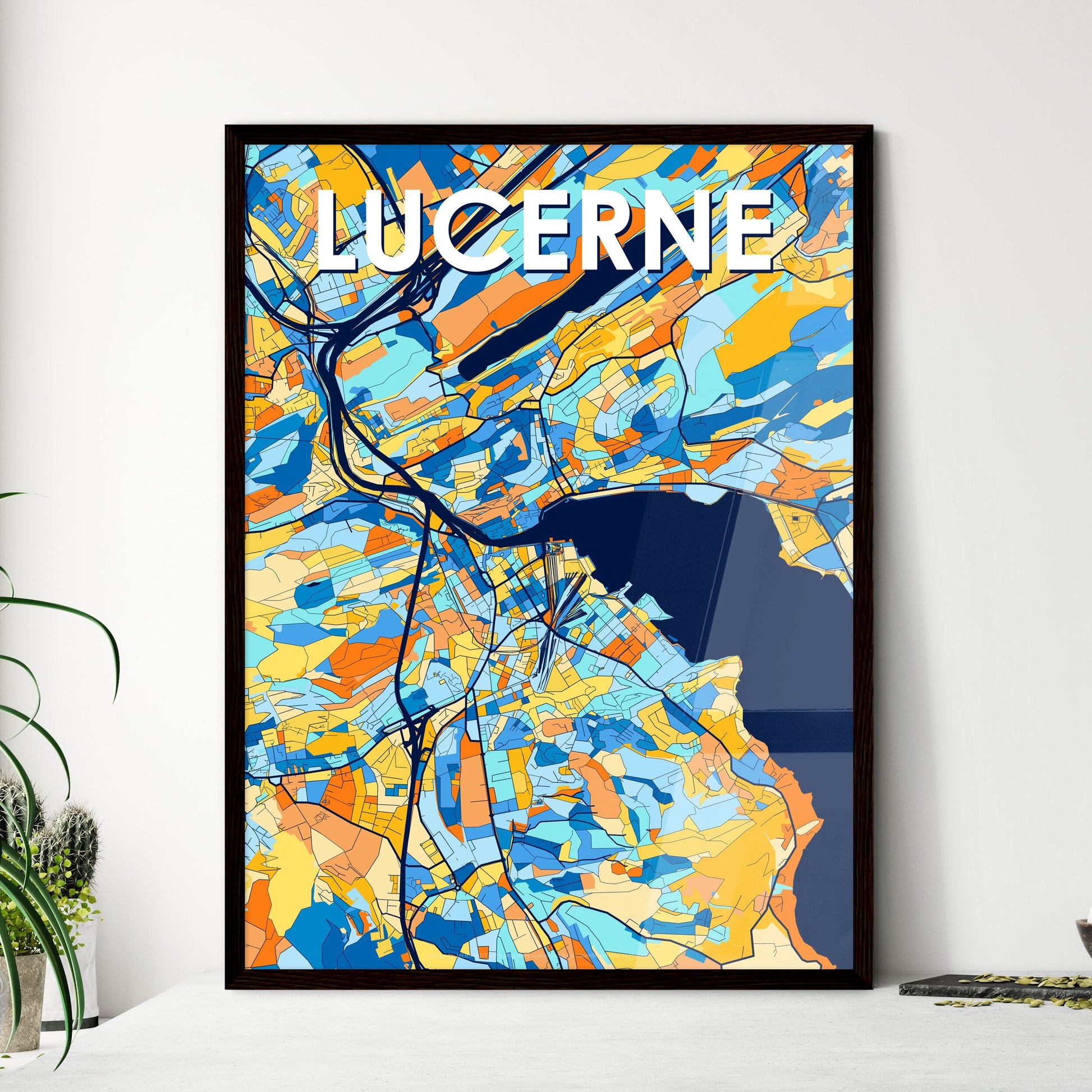 LUCERNE SWITZERLAND Vibrant Colorful Art Map Poster Blue Orange