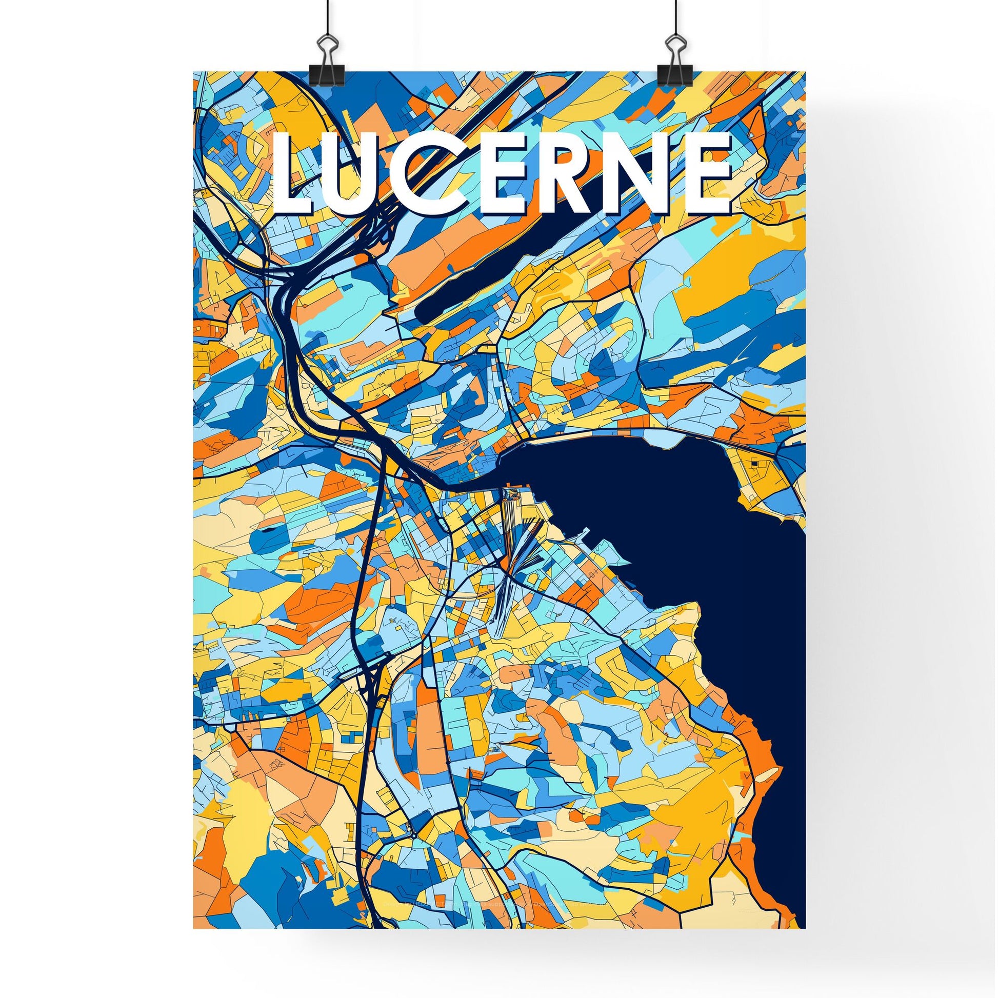 LUCERNE SWITZERLAND Vibrant Colorful Art Map Poster Blue Orange