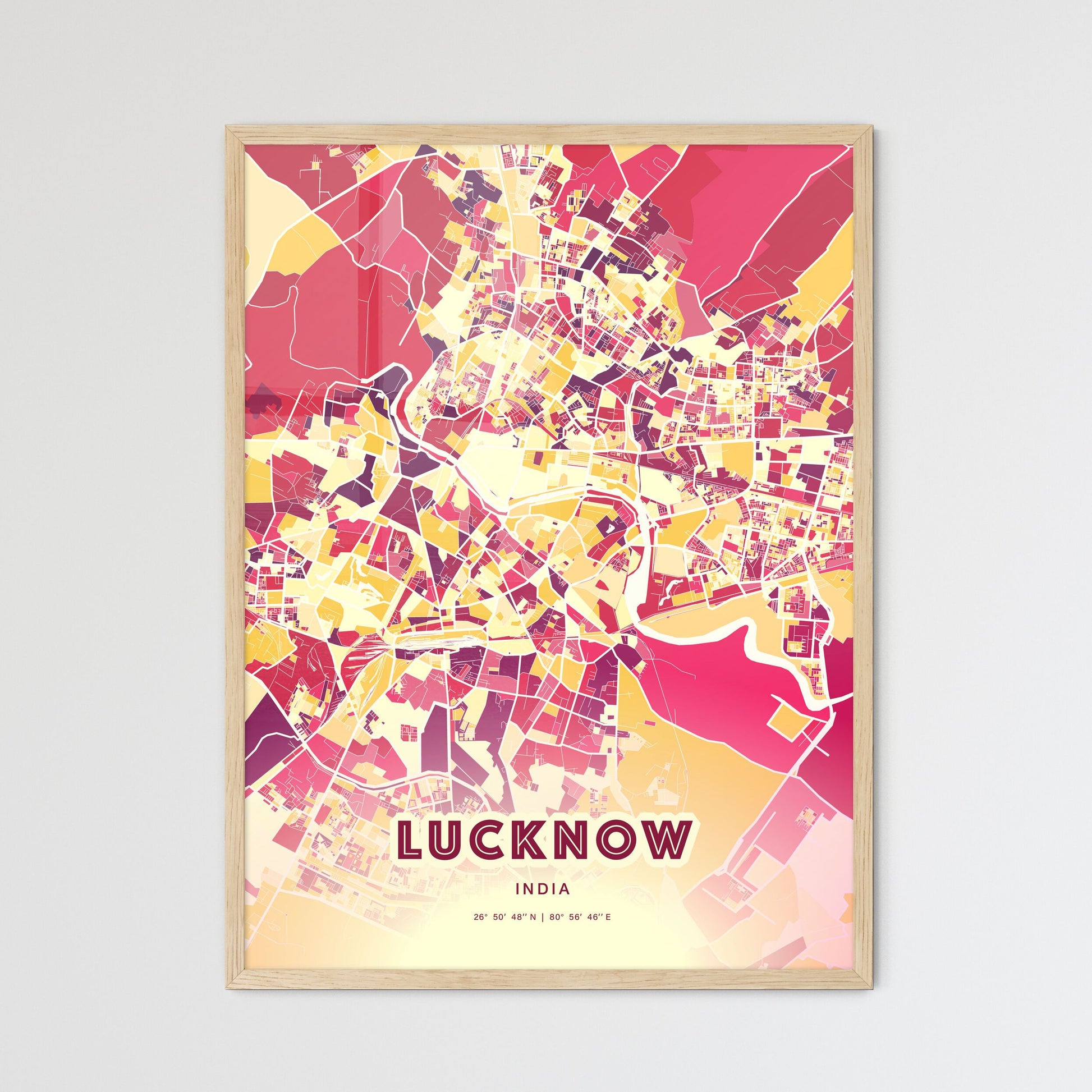 Colorful Lucknow India Fine Art Map Hot Red