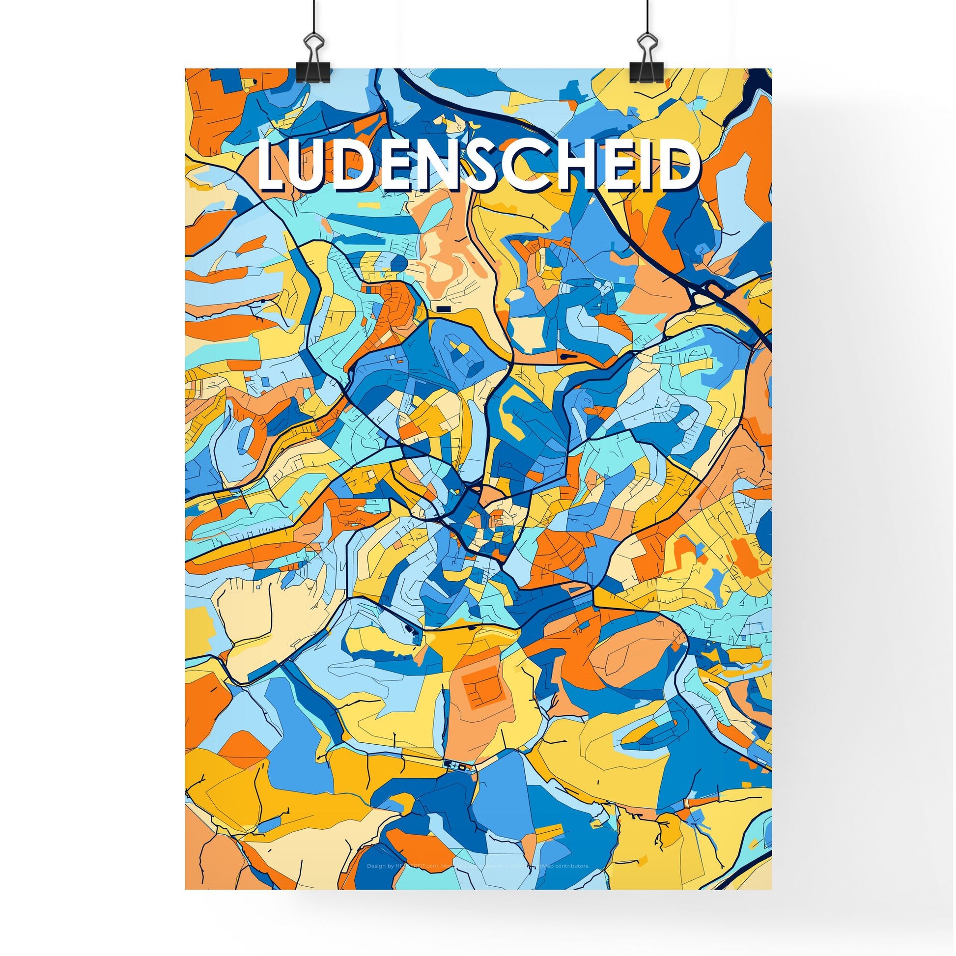 LUDENSCHEID GERMANY Vibrant Colorful Art Map Poster Blue Orange