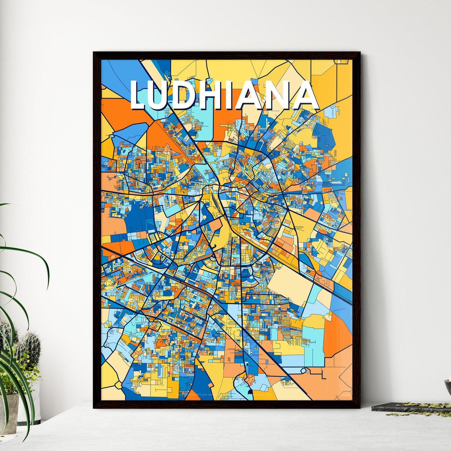 LUDHIANA INDIA Vibrant Colorful Art Map Poster Blue Orange