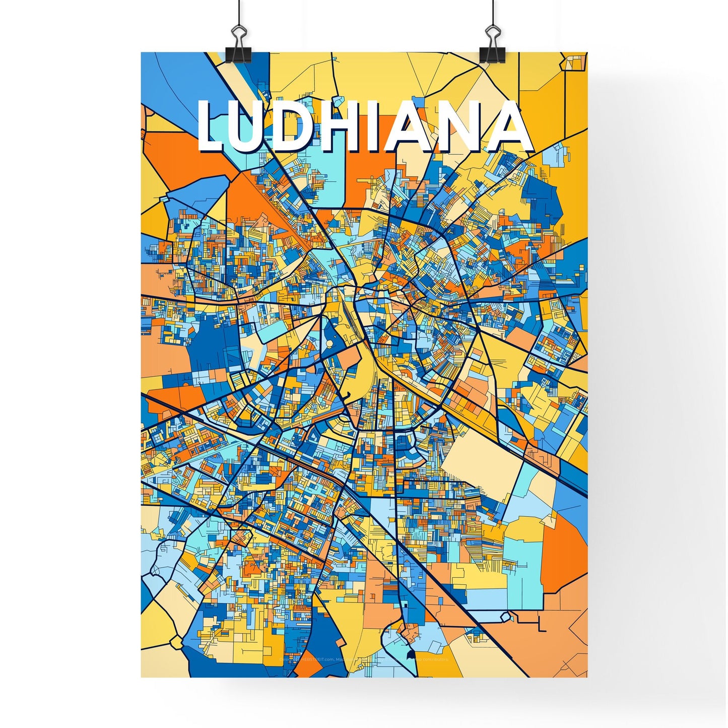 LUDHIANA INDIA Vibrant Colorful Art Map Poster Blue Orange