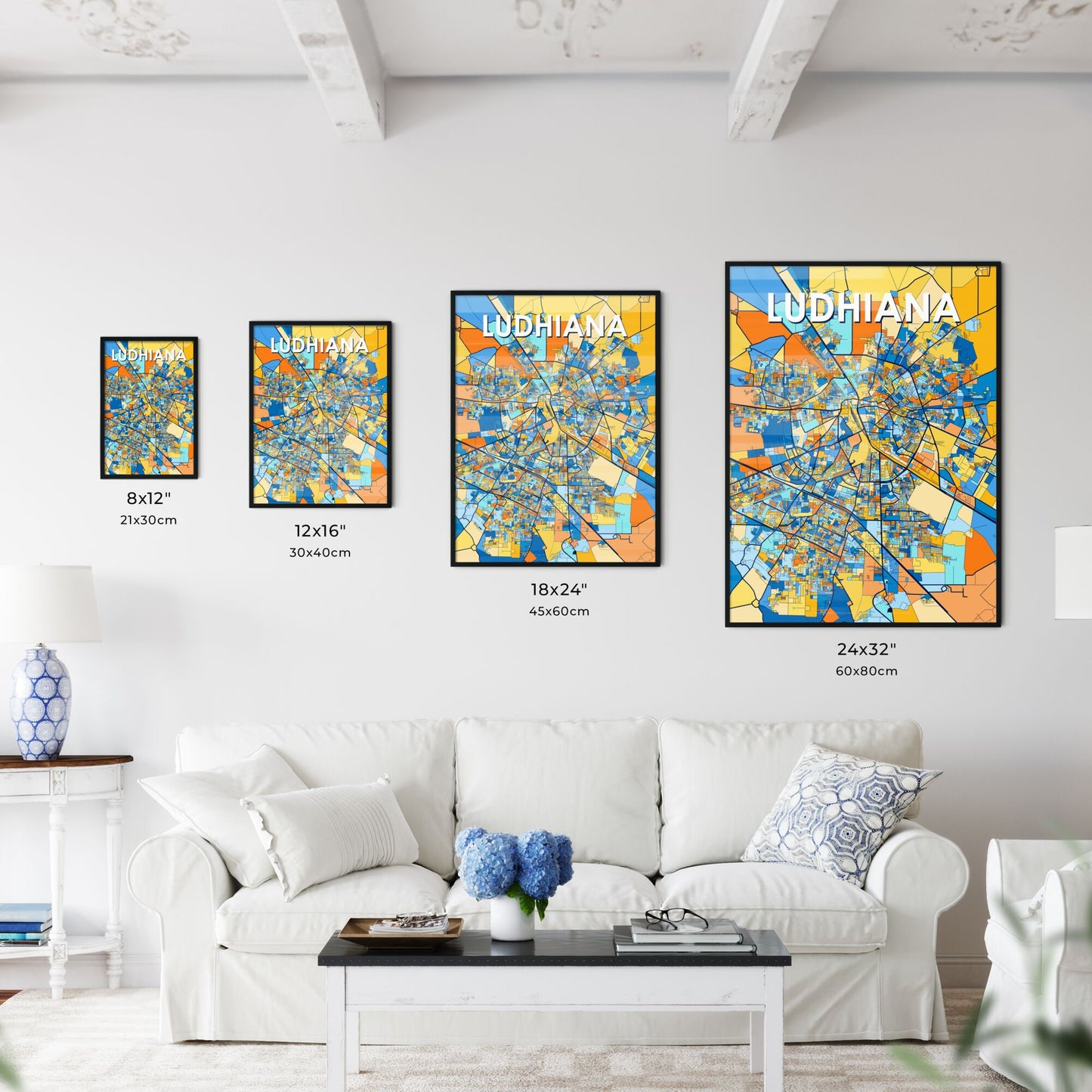 LUDHIANA INDIA Vibrant Colorful Art Map Poster Blue Orange