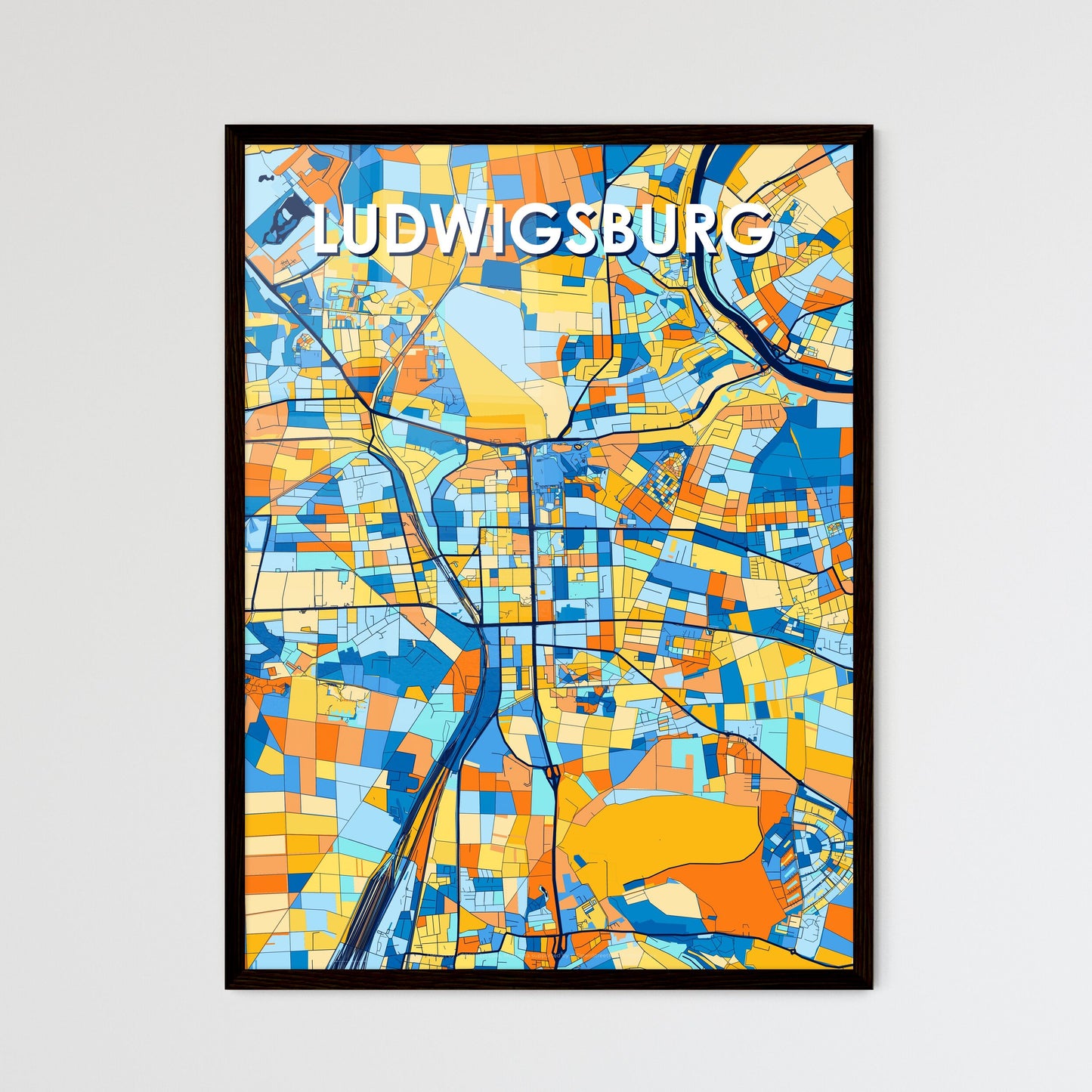 LUDWIGSBURG GERMANY Vibrant Colorful Art Map Poster Blue Orange