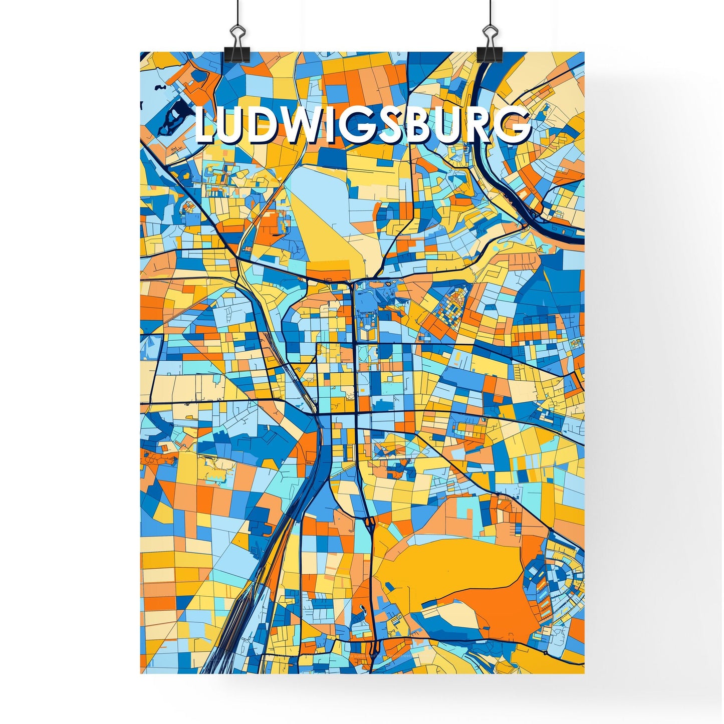 LUDWIGSBURG GERMANY Vibrant Colorful Art Map Poster Blue Orange