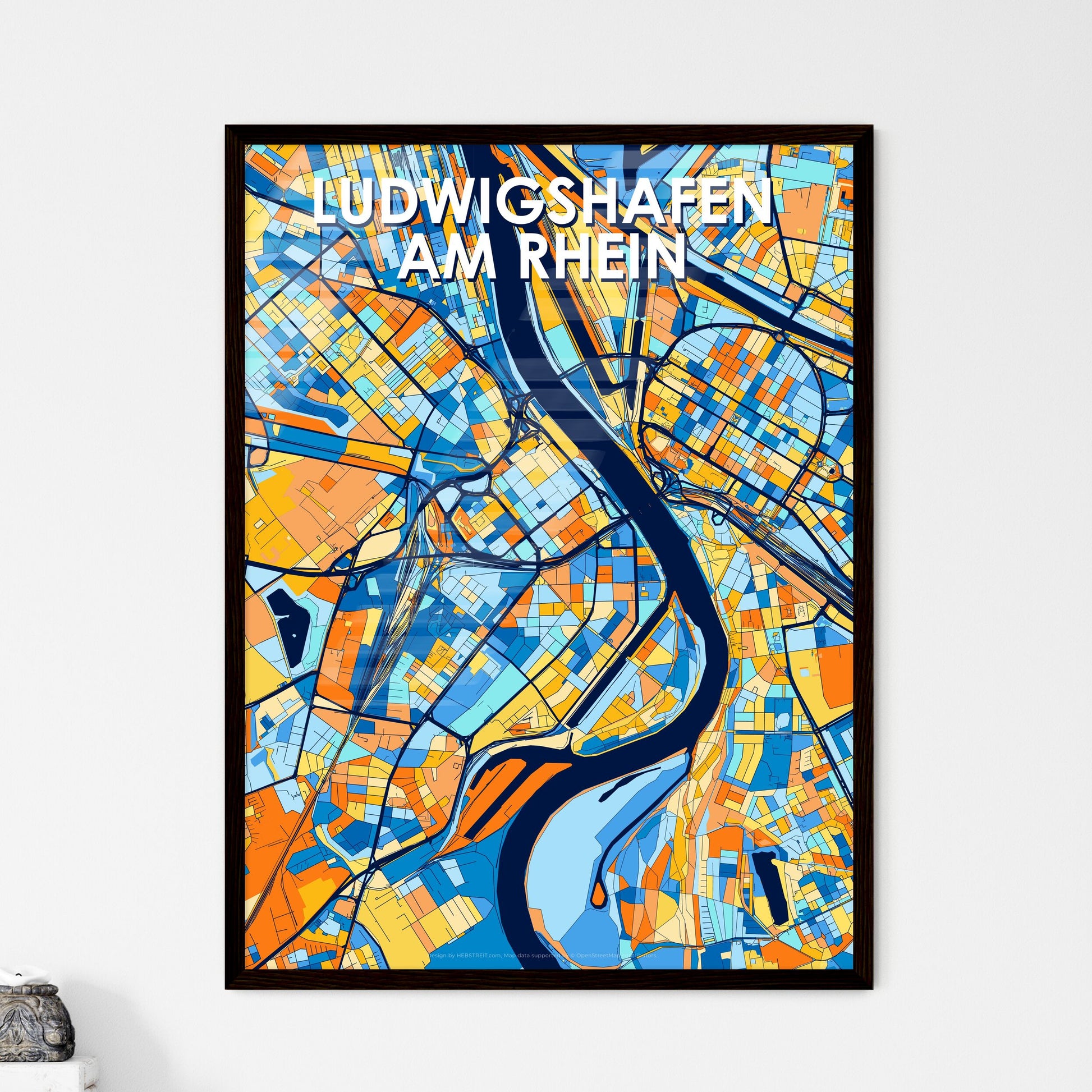 LUDWIGSHAFEN AM RHEIN GERMANY Vibrant Colorful Art Map Poster Blue Orange