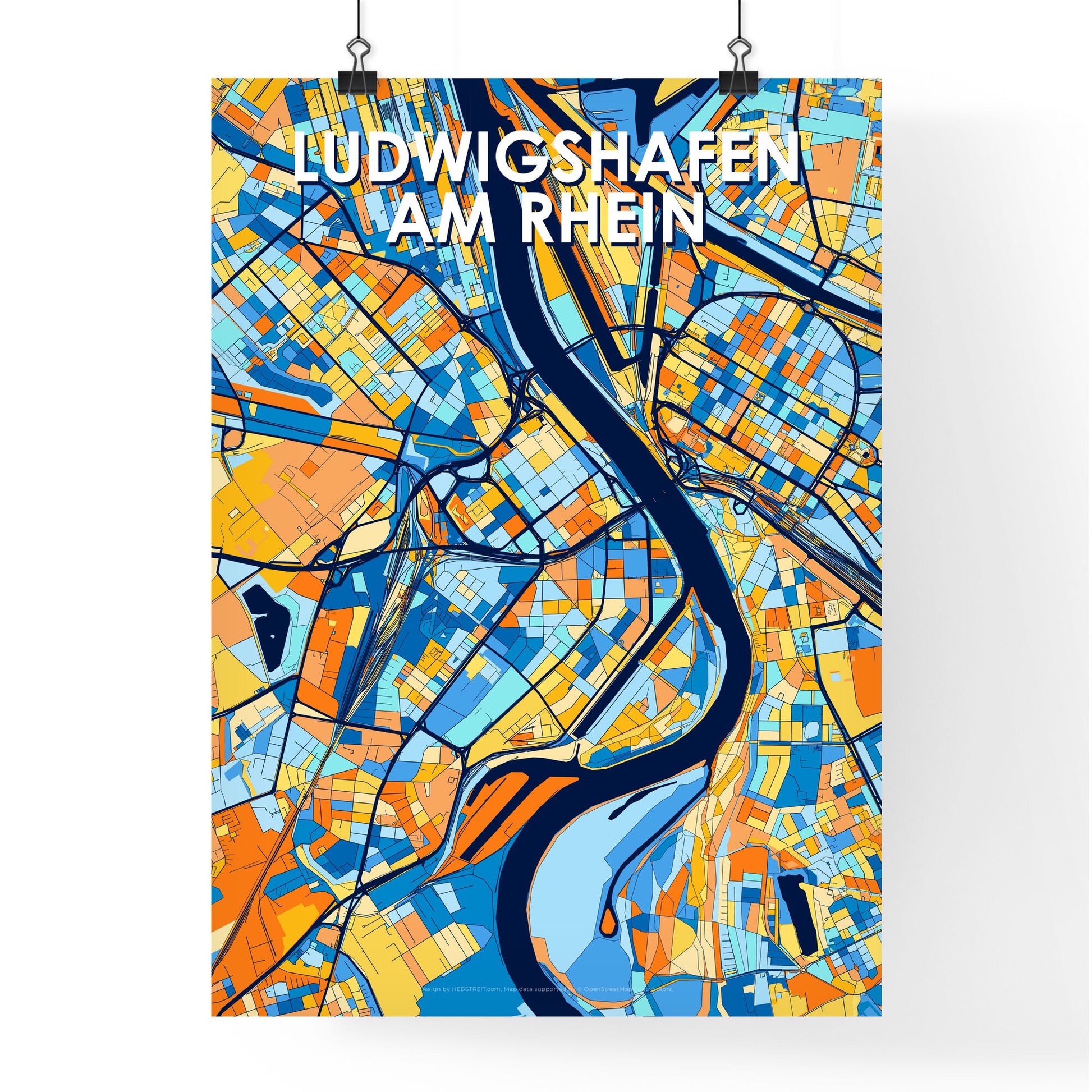 LUDWIGSHAFEN AM RHEIN GERMANY Vibrant Colorful Art Map Poster Blue Orange