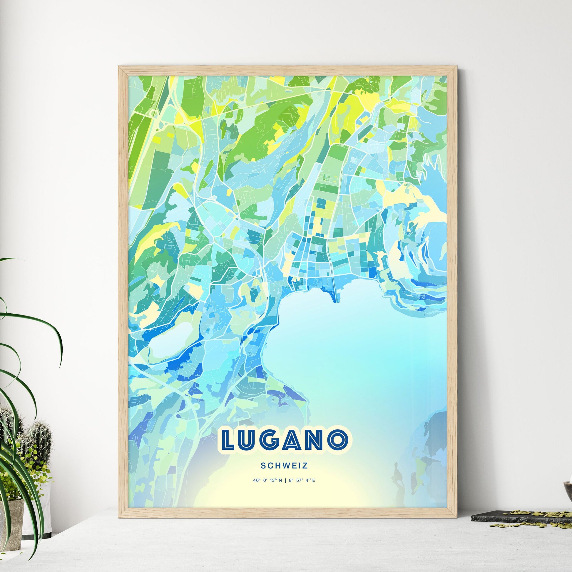 Colorful Lugano Switzerland Fine Art Map Cool Blue