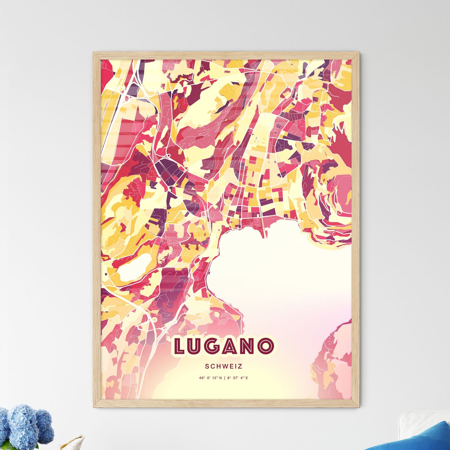 Colorful Lugano Switzerland Fine Art Map Hot Red