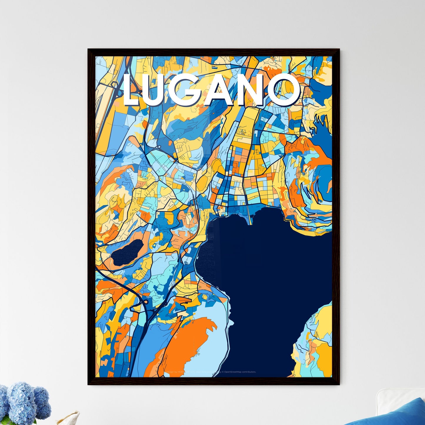 LUGANO SWITZERLAND Vibrant Colorful Art Map Poster Blue Orange