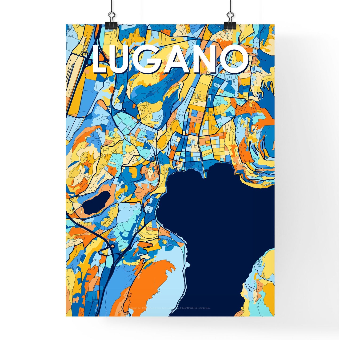 LUGANO SWITZERLAND Vibrant Colorful Art Map Poster Blue Orange