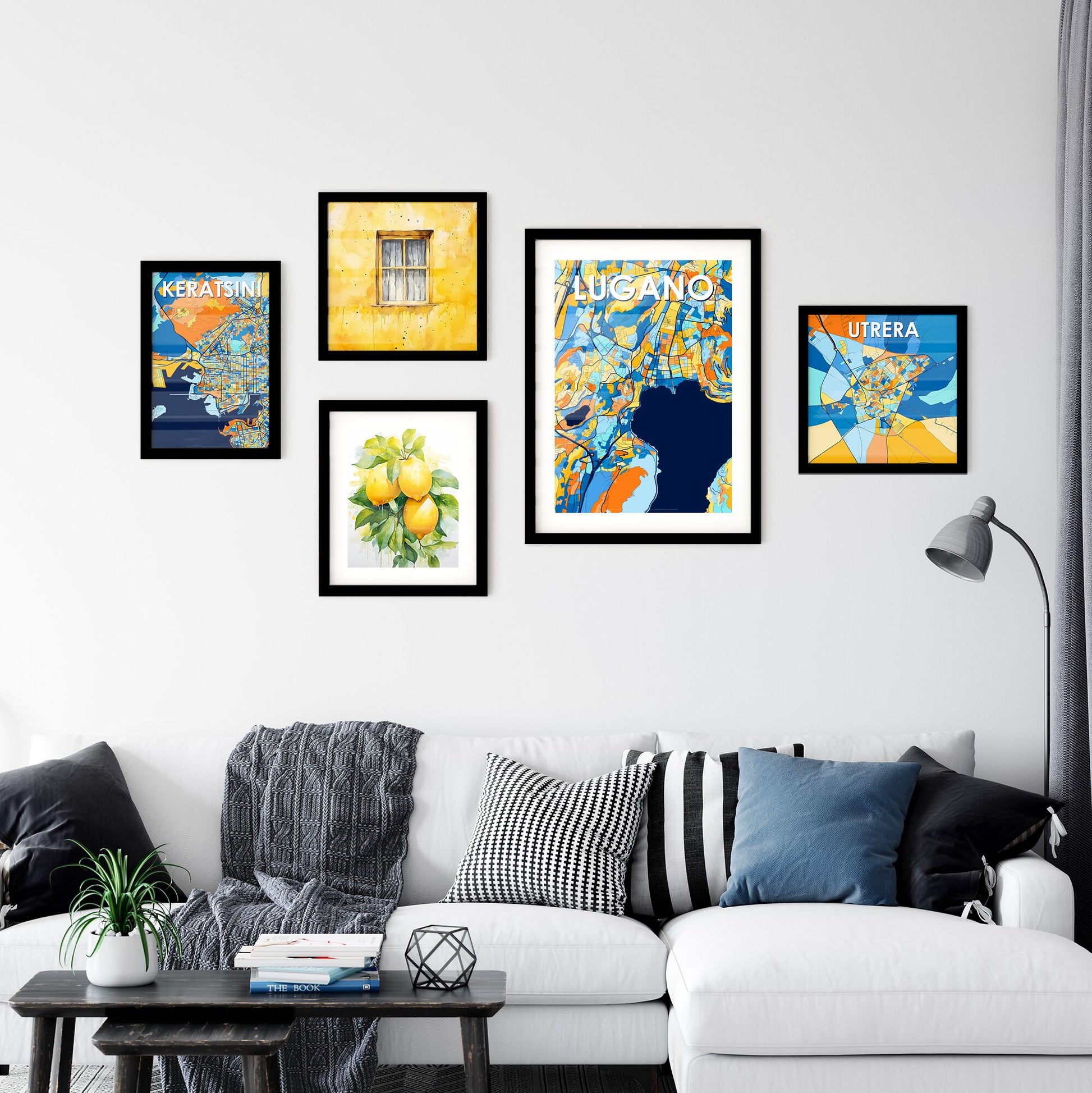 LUGANO SWITZERLAND Vibrant Colorful Art Map Poster Blue Orange