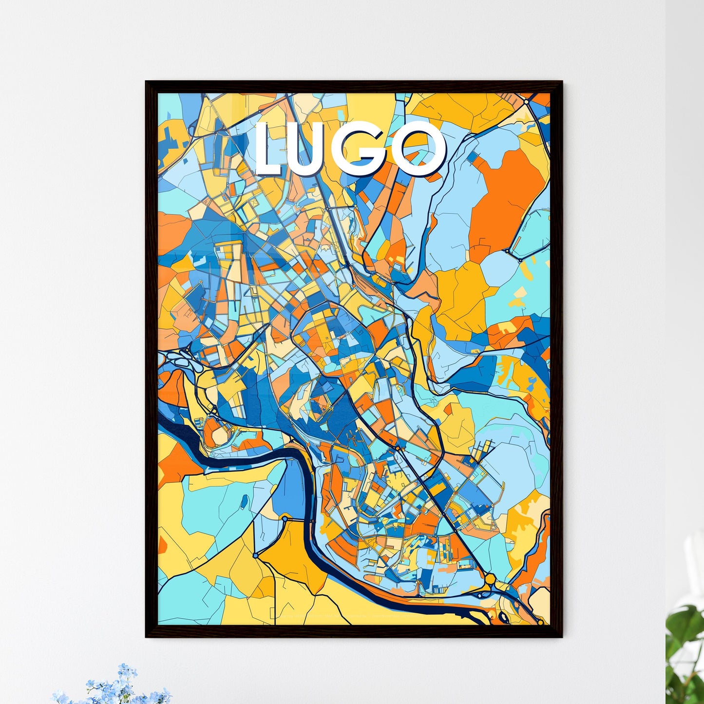 LUGO SPAIN Vibrant Colorful Art Map Poster Blue Orange