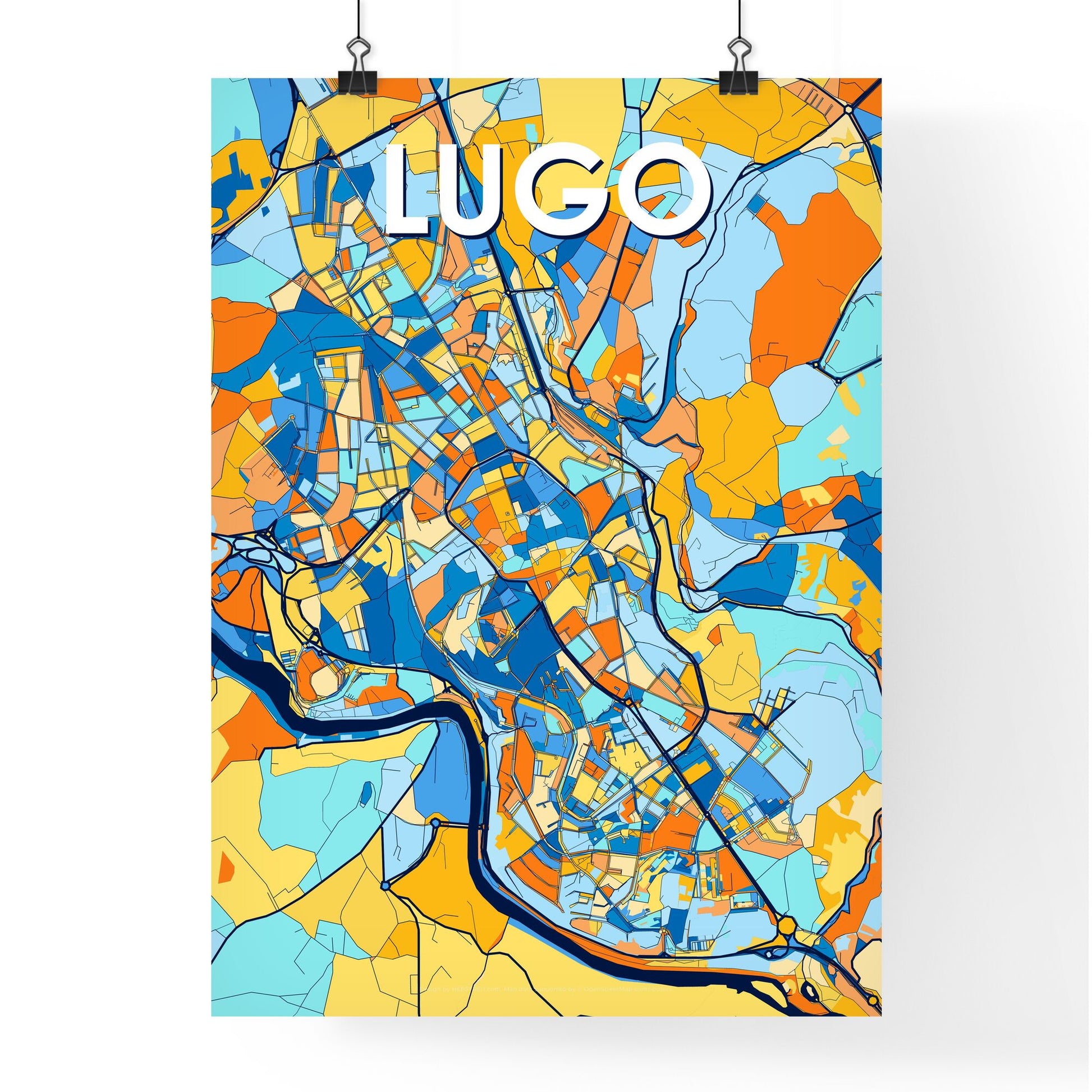 LUGO SPAIN Vibrant Colorful Art Map Poster Blue Orange