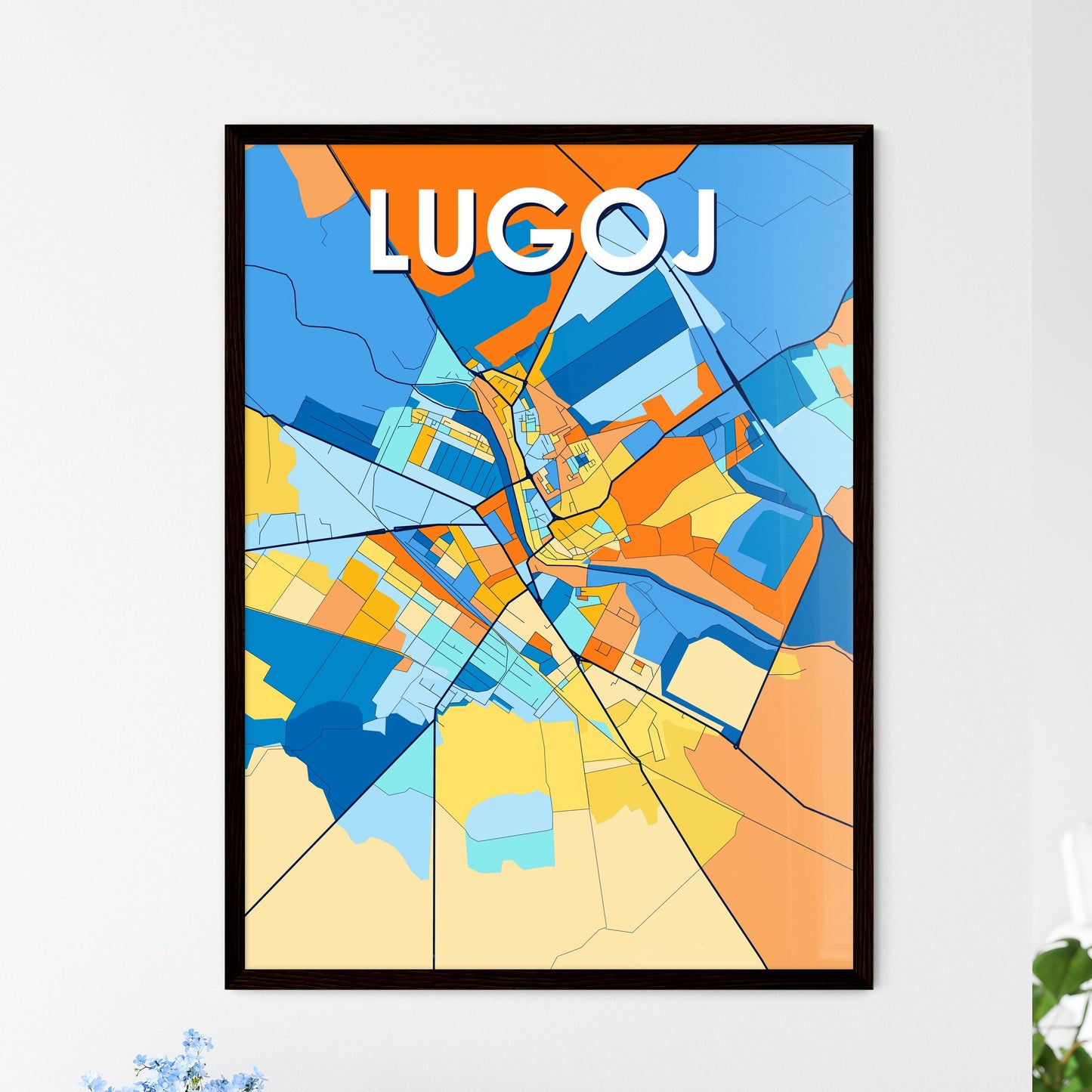 LUGOJ ROMANIA Vibrant Colorful Art Map Poster Blue Orange