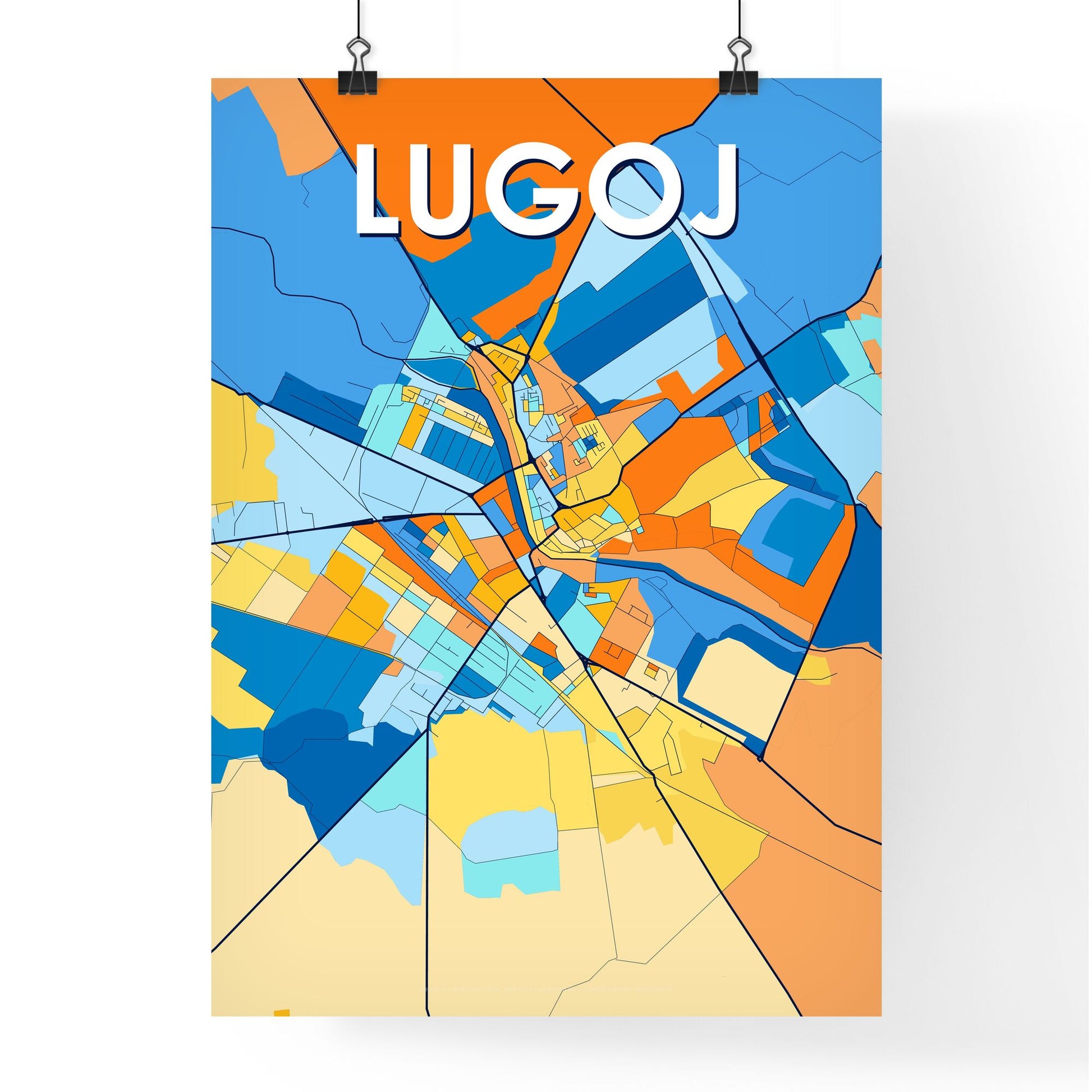 LUGOJ ROMANIA Vibrant Colorful Art Map Poster Blue Orange