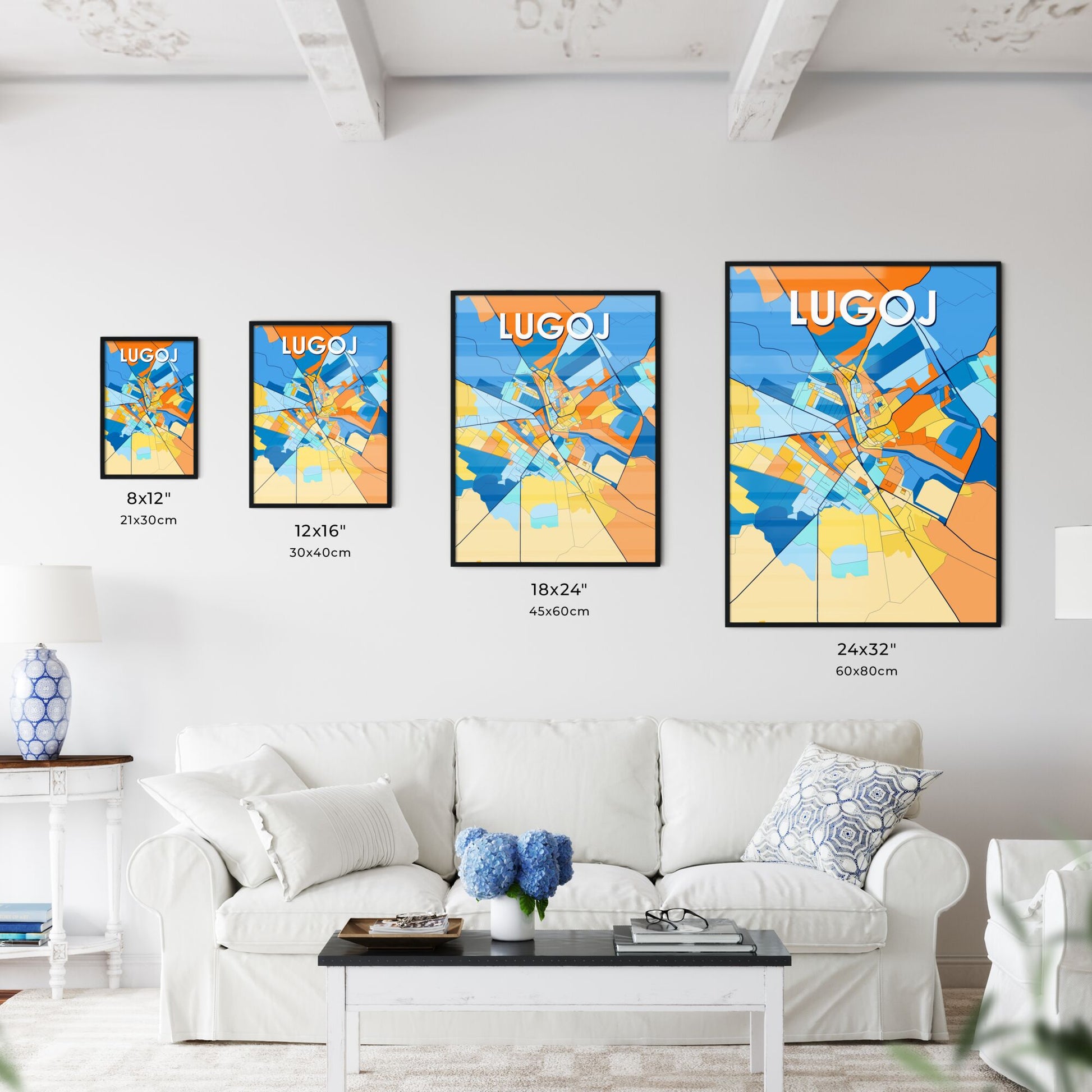 LUGOJ ROMANIA Vibrant Colorful Art Map Poster Blue Orange