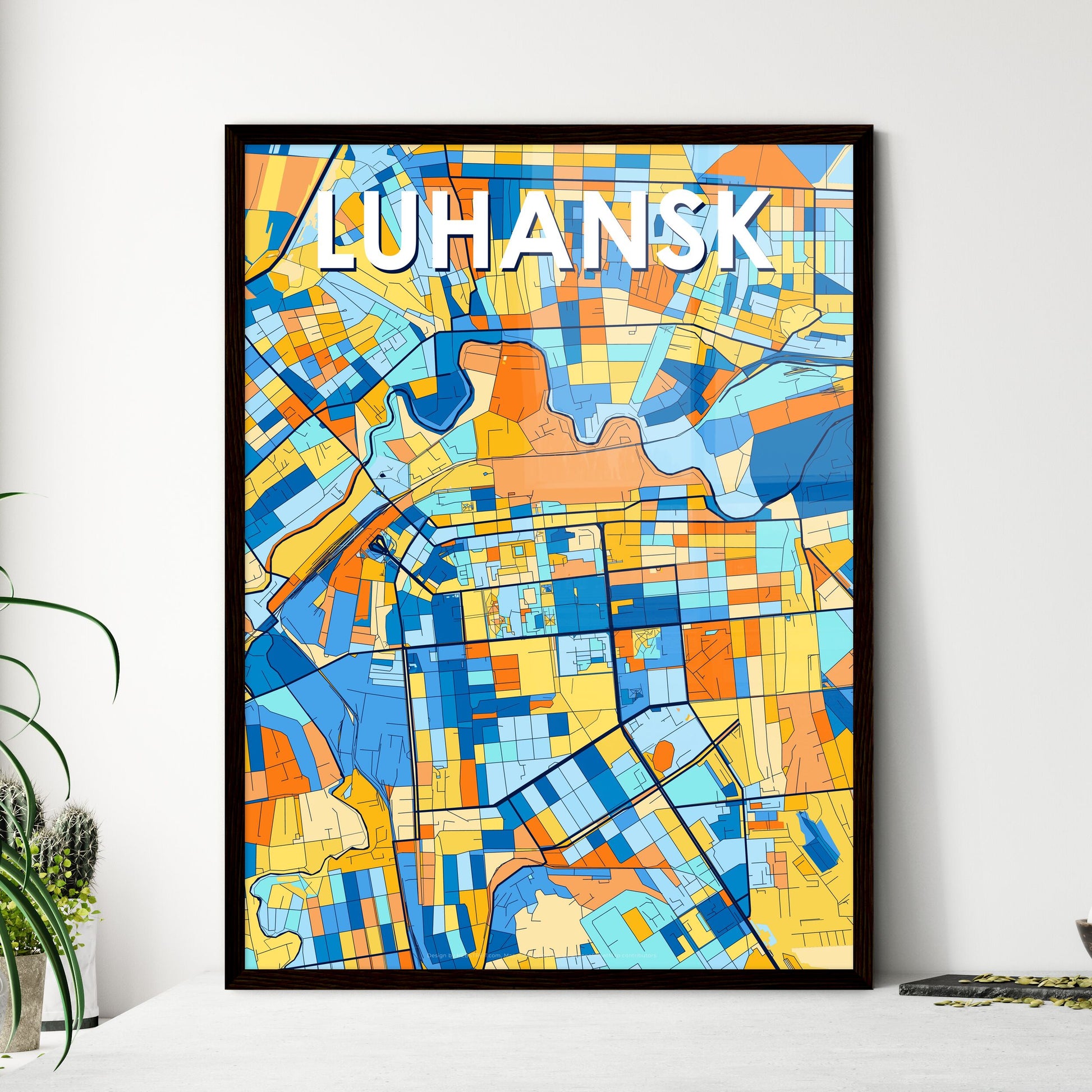 LUHANSK UKRAINE Vibrant Colorful Art Map Poster Blue Orange