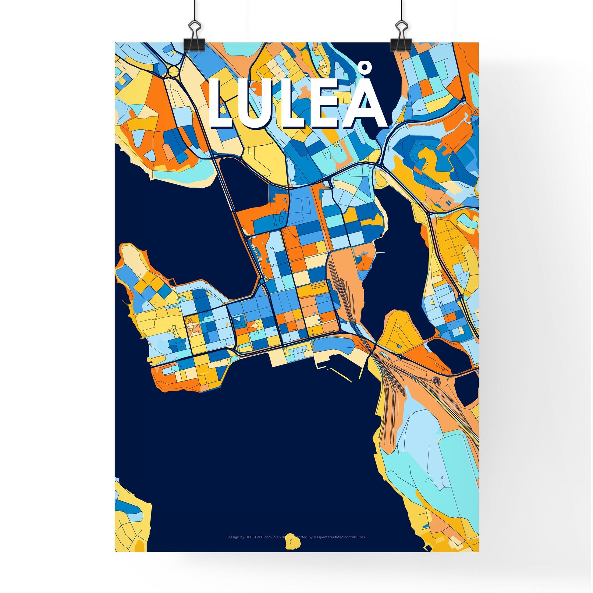 LULEÅ SWEDEN Vibrant Colorful Art Map Poster Blue Orange