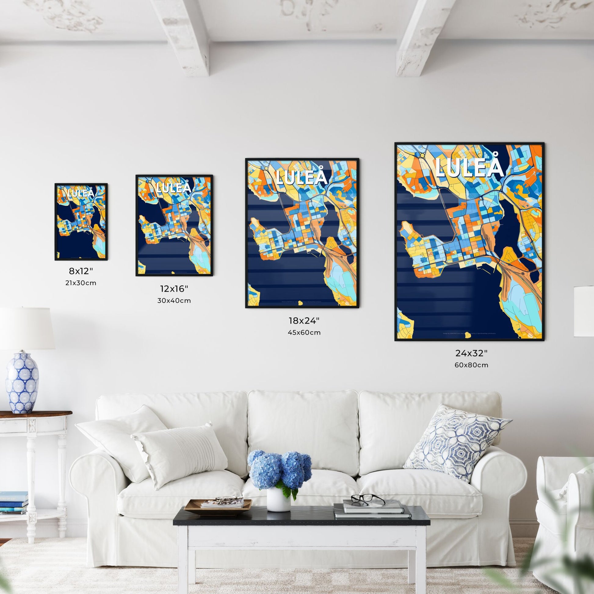 LULEÅ SWEDEN Vibrant Colorful Art Map Poster Blue Orange