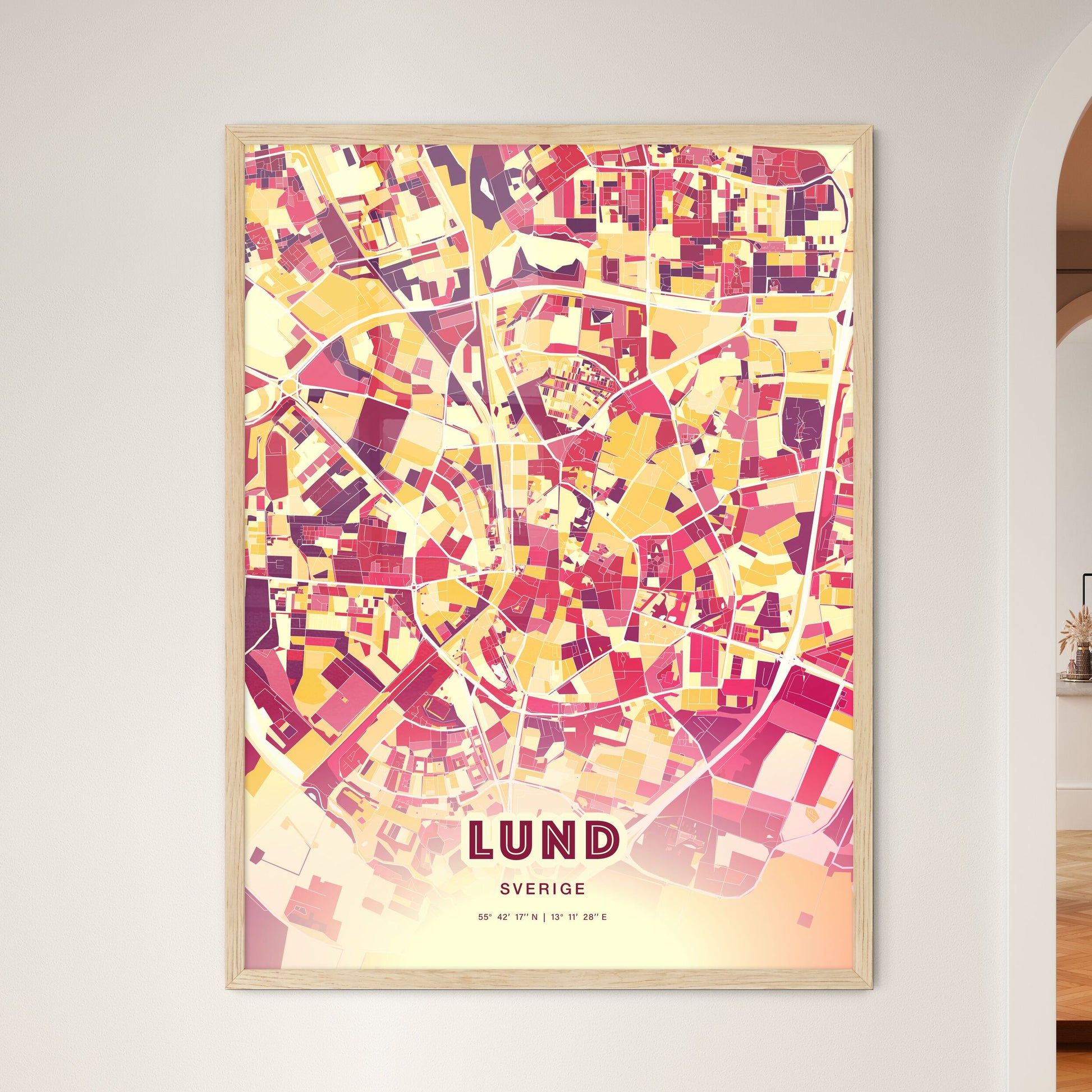 Colorful Lund Sweden Fine Art Map Hot Red