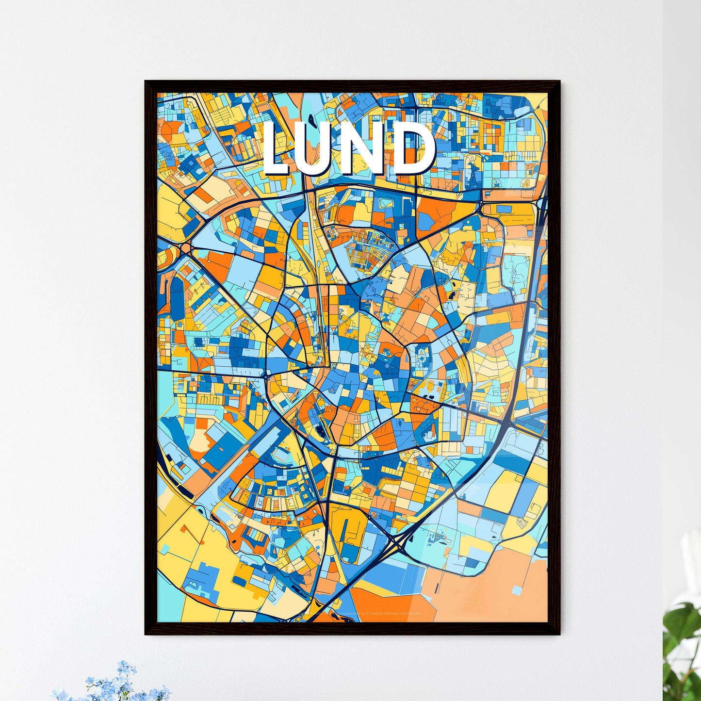 LUND SWEDEN Vibrant Colorful Art Map Poster Blue Orange