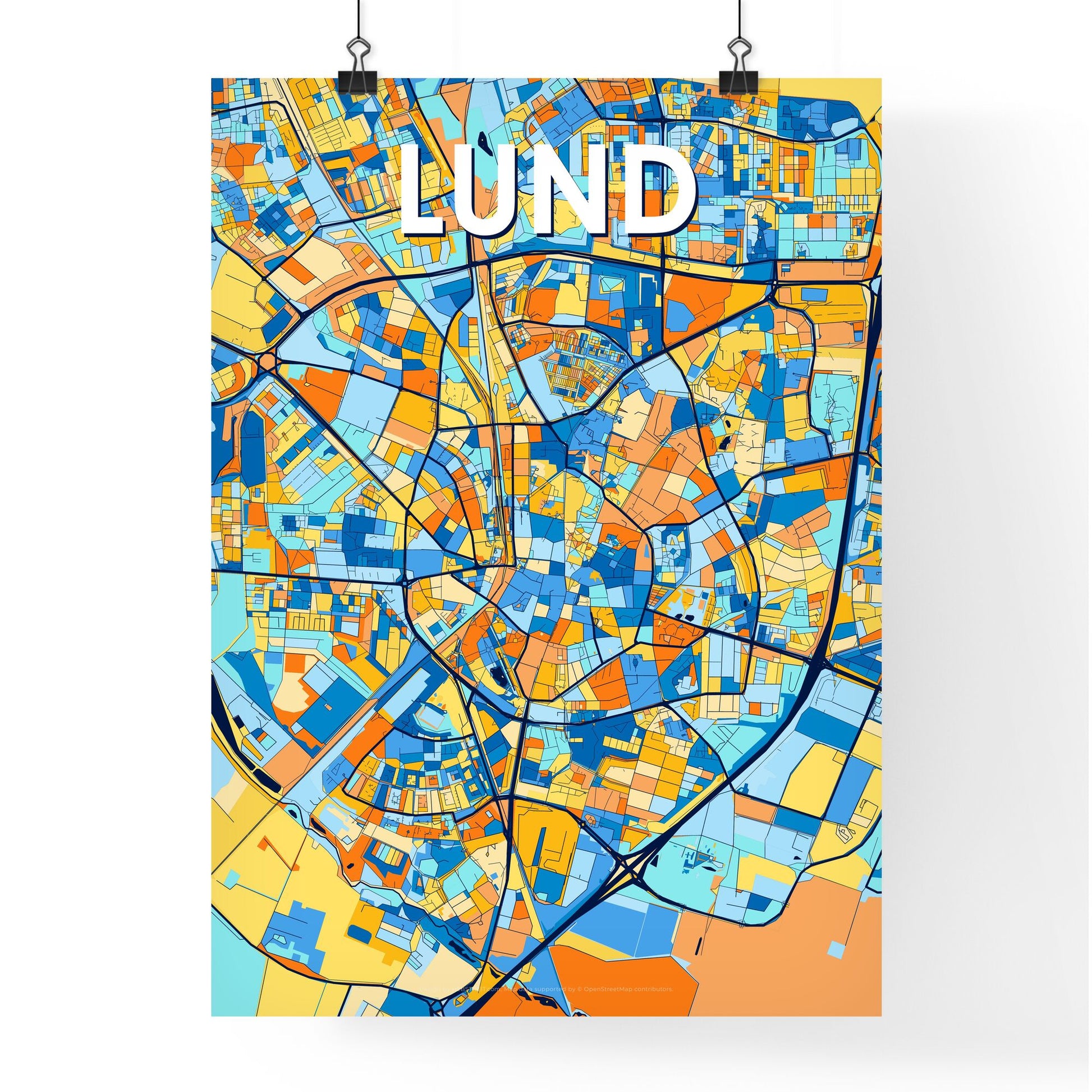 LUND SWEDEN Vibrant Colorful Art Map Poster Blue Orange