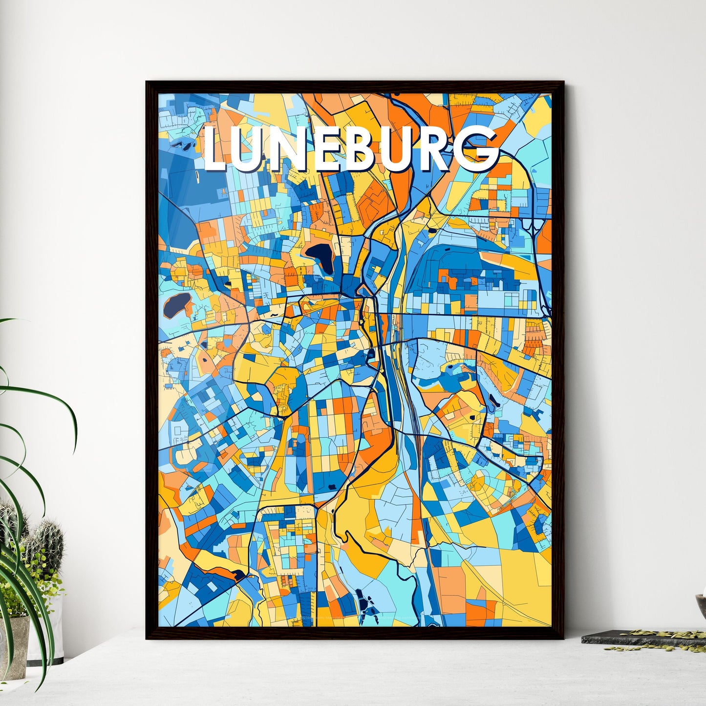 LUNEBURG GERMANY Vibrant Colorful Art Map Poster Blue Orange