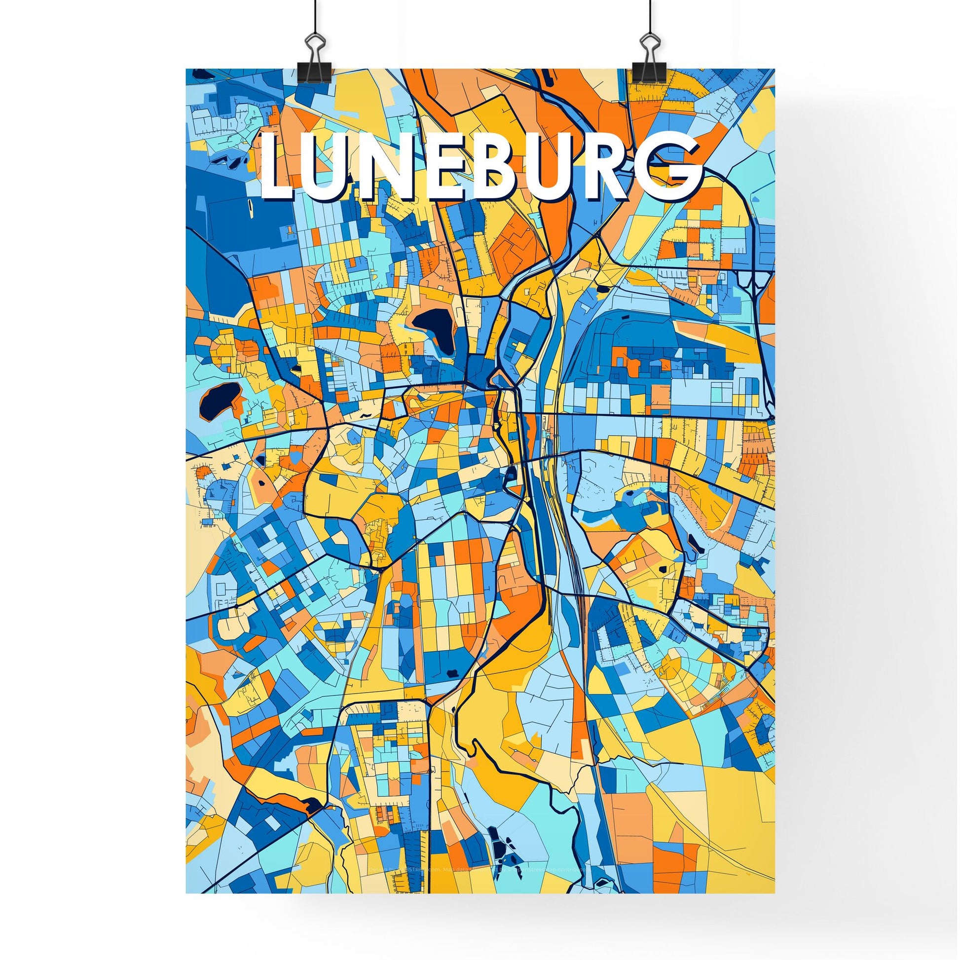 LUNEBURG GERMANY Vibrant Colorful Art Map Poster Blue Orange