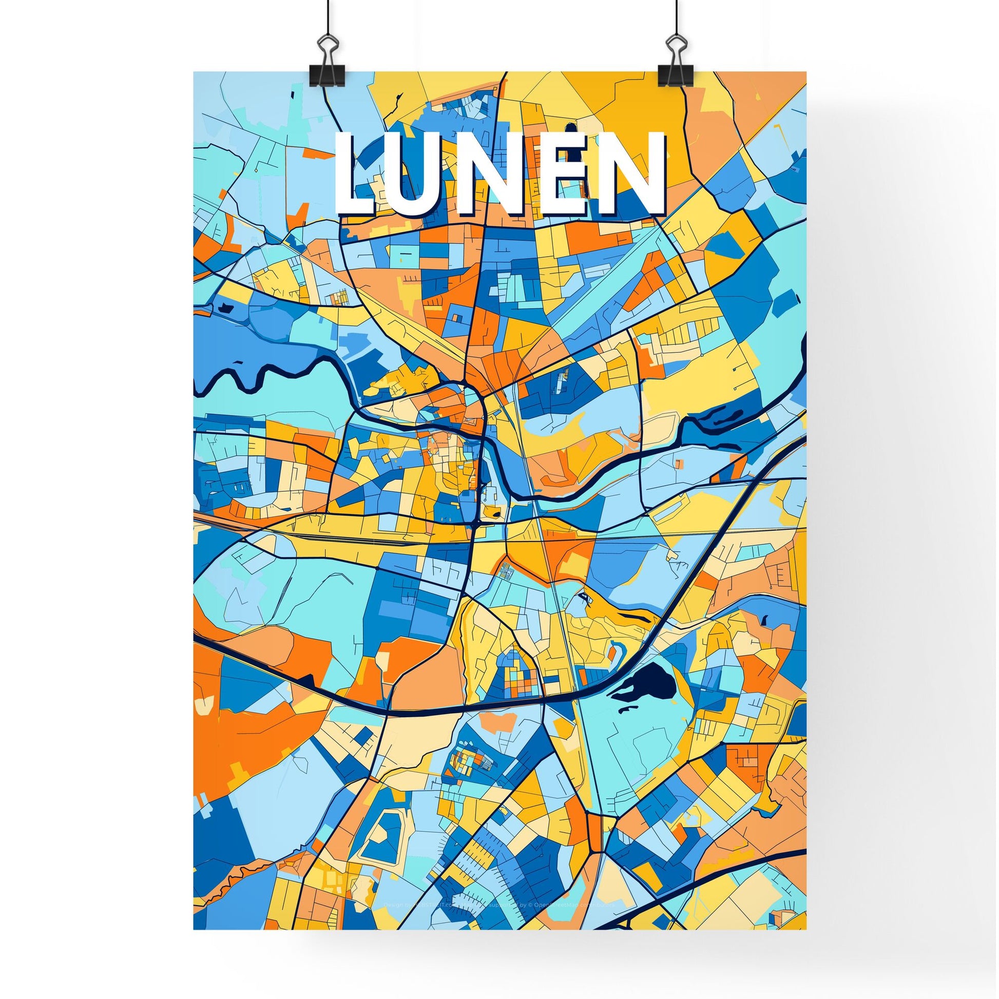 LUNEN GERMANY Vibrant Colorful Art Map Poster Blue Orange