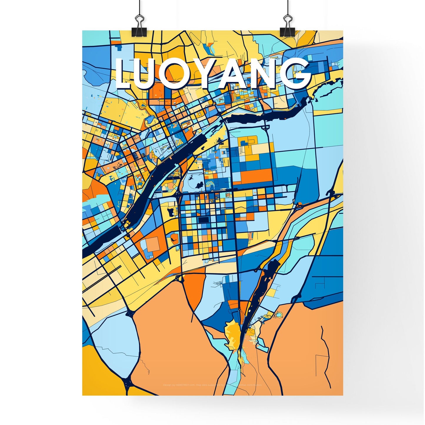 LUOYANG CHINA Vibrant Colorful Art Map Poster Blue Orange