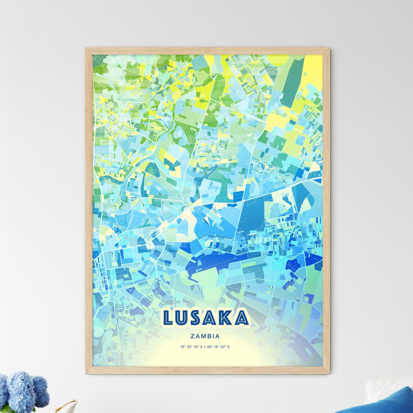 Colorful Lusaka Zambia Fine Art Map Cool Blue
