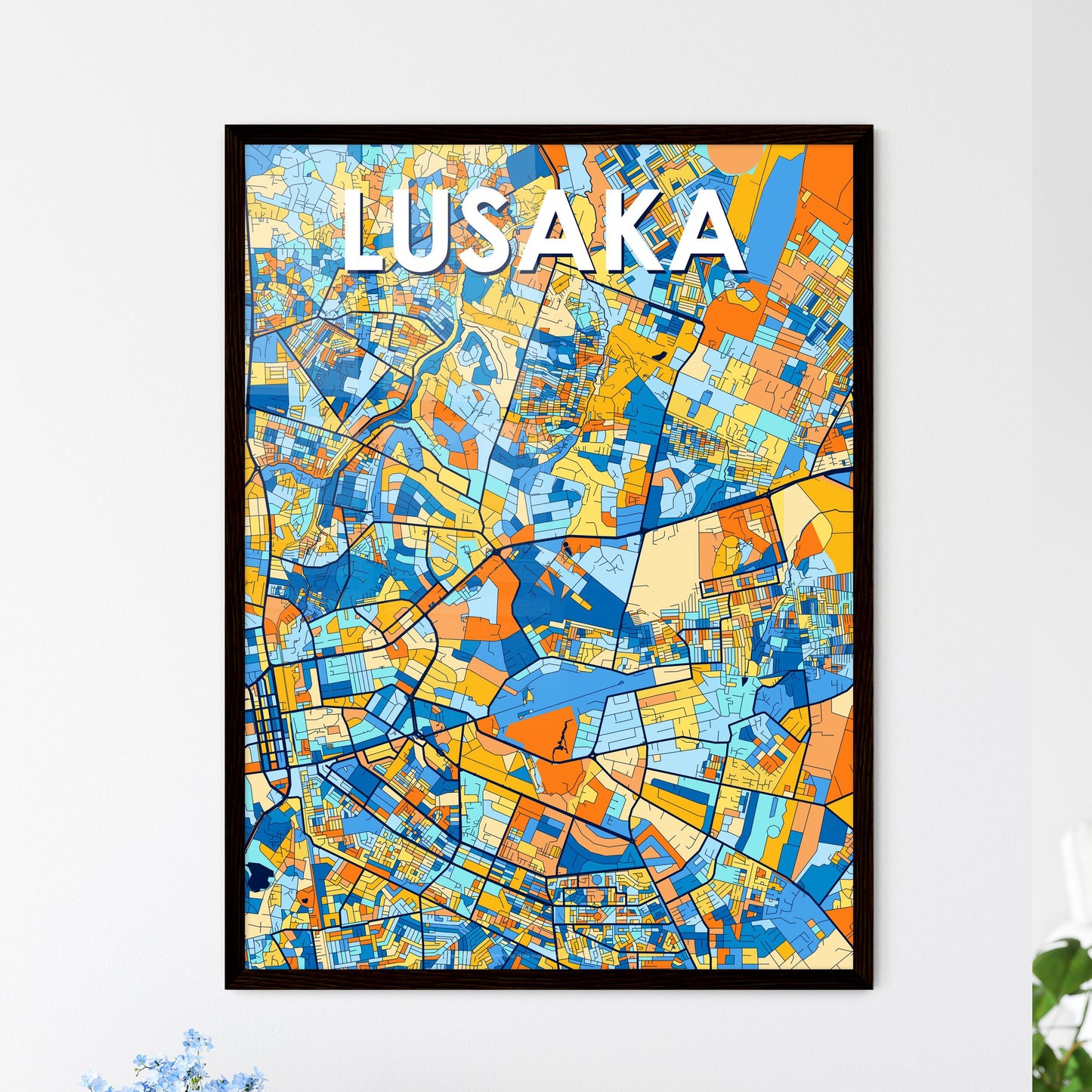 LUSAKA ZAMBIA Vibrant Colorful Art Map Poster Blue Orange