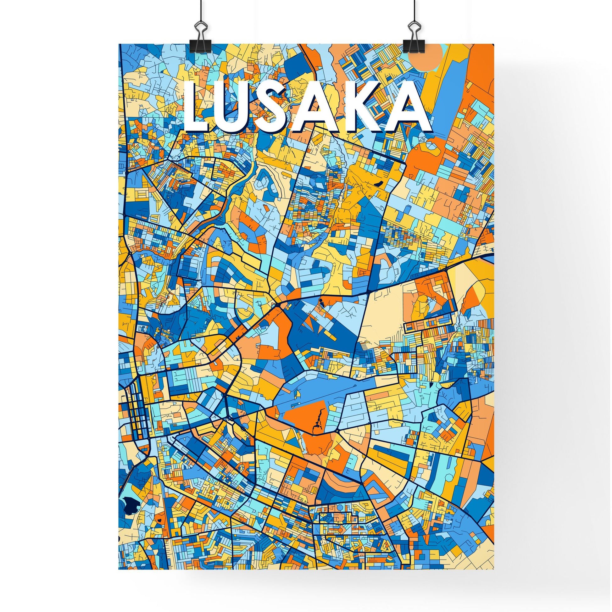 LUSAKA ZAMBIA Vibrant Colorful Art Map Poster Blue Orange