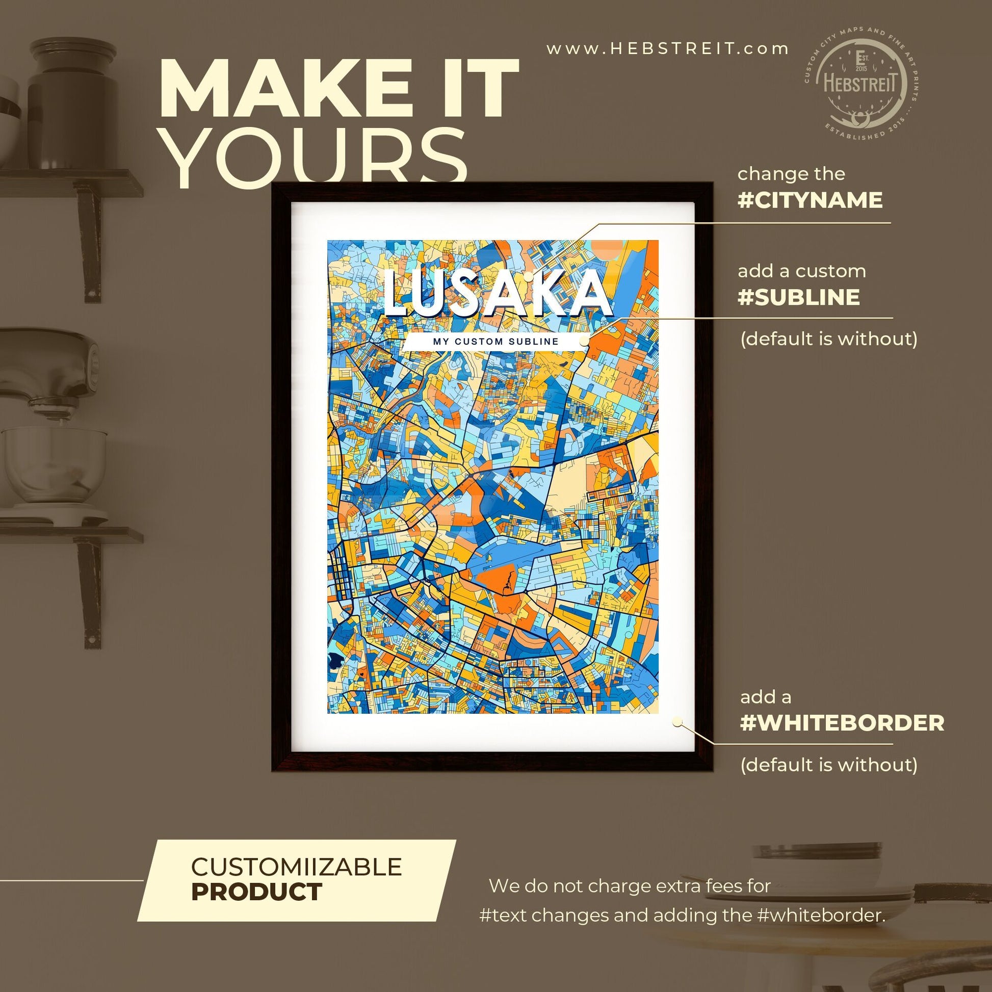 LUSAKA ZAMBIA Vibrant Colorful Art Map Poster Blue Orange