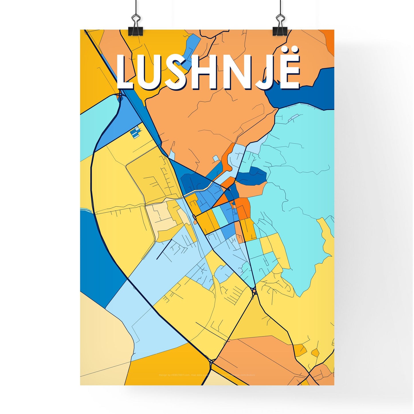 LUSHNJË ALBANIA Vibrant Colorful Art Map Poster Blue Orange