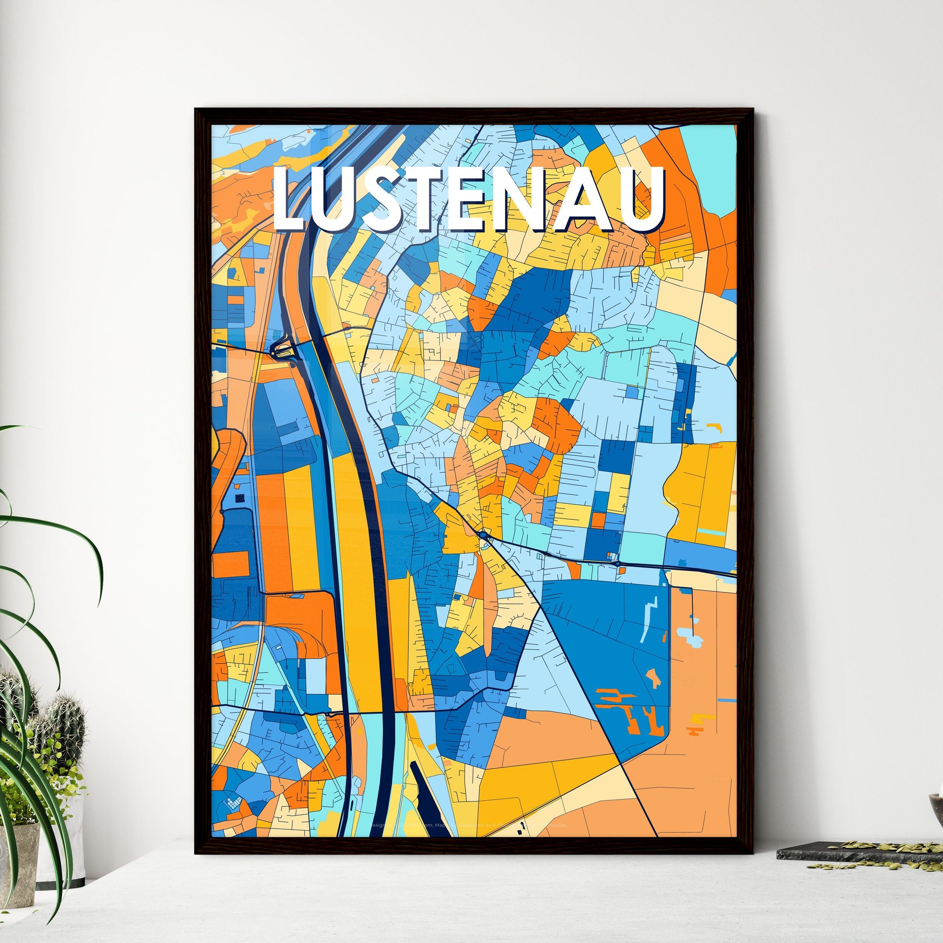 LUSTENAU AUSTRIA Vibrant Colorful Art Map Poster Blue Orange