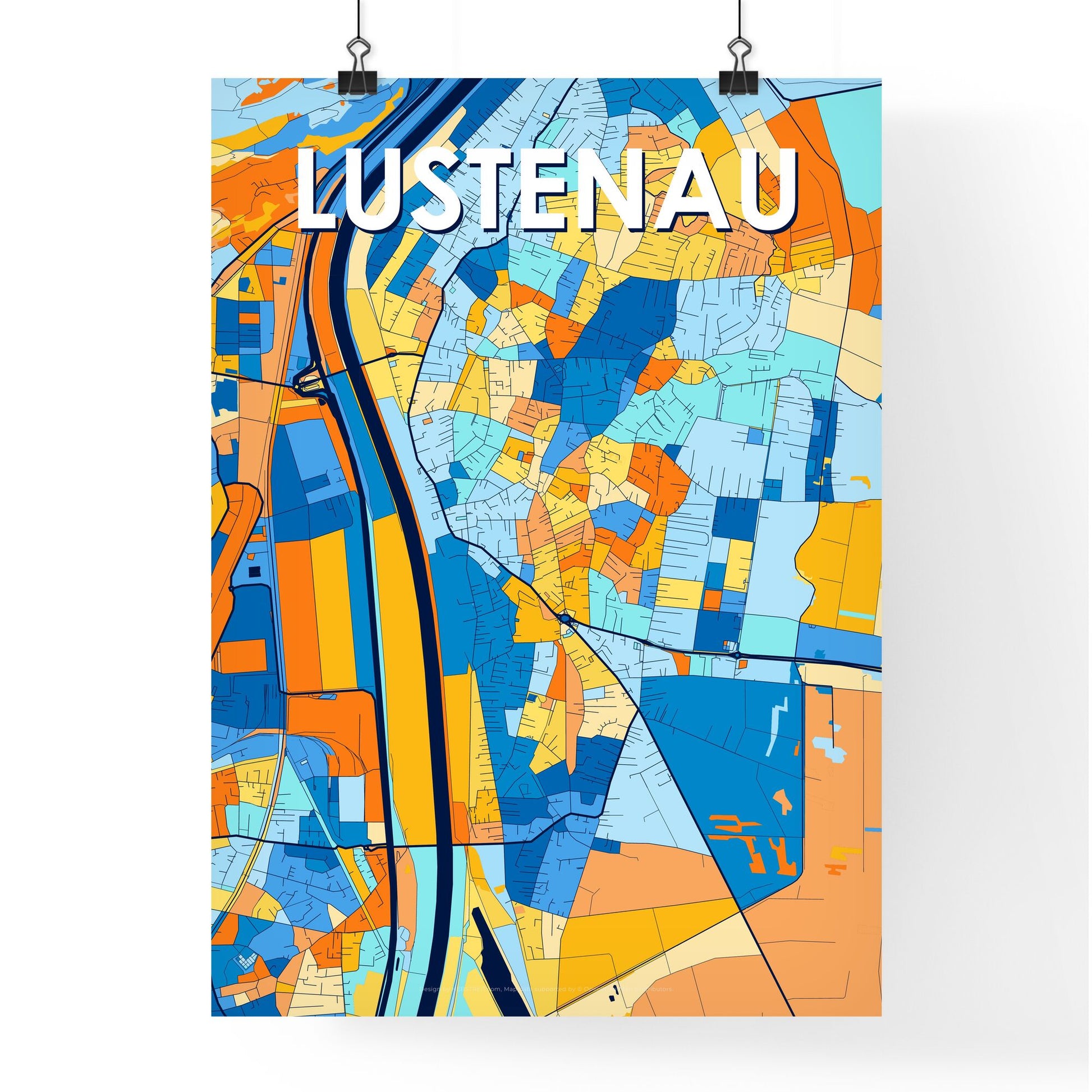 LUSTENAU AUSTRIA Vibrant Colorful Art Map Poster Blue Orange