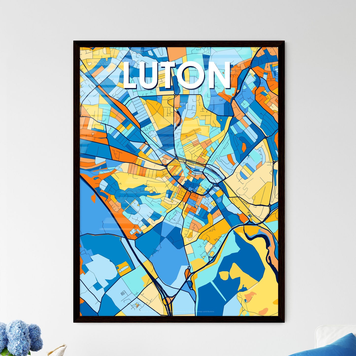 LUTON ENGLAND Vibrant Colorful Art Map Poster Blue Orange