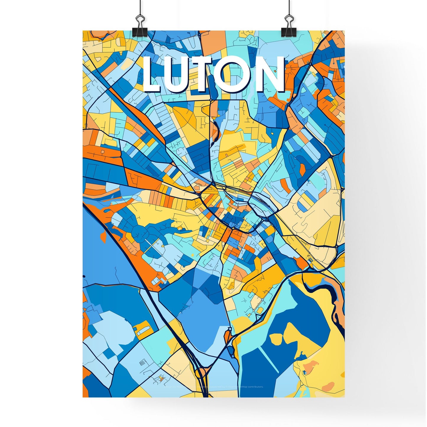 LUTON ENGLAND Vibrant Colorful Art Map Poster Blue Orange