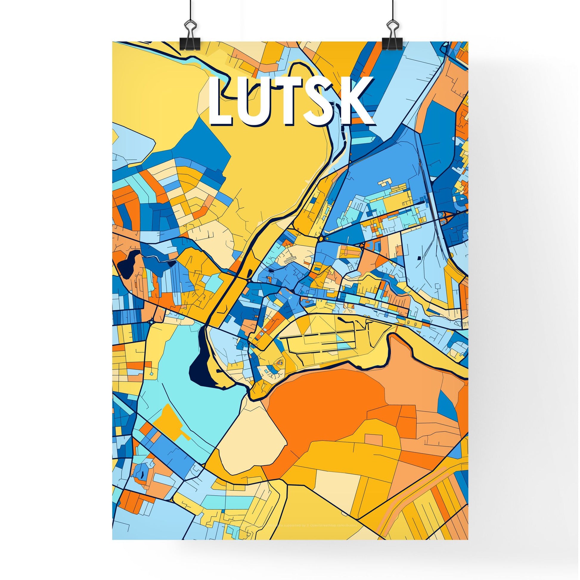 LUTSK UKRAINE Vibrant Colorful Art Map Poster Blue Orange