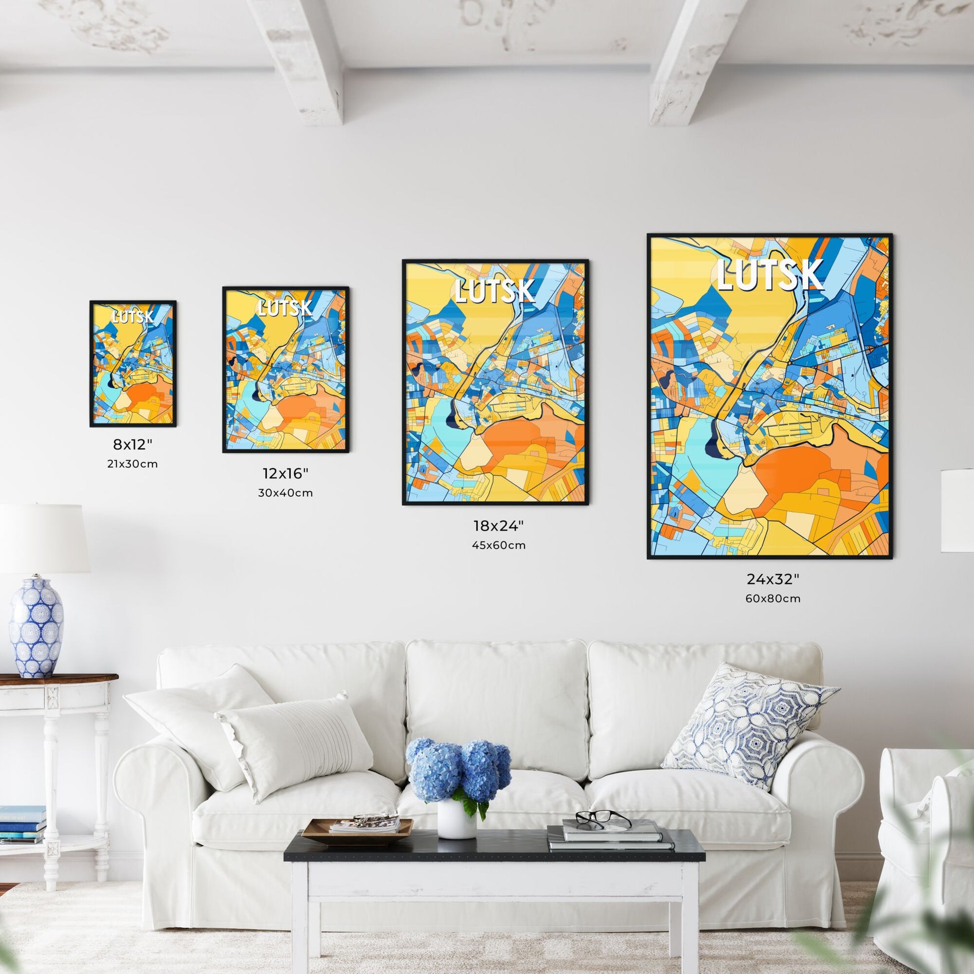 LUTSK UKRAINE Vibrant Colorful Art Map Poster Blue Orange