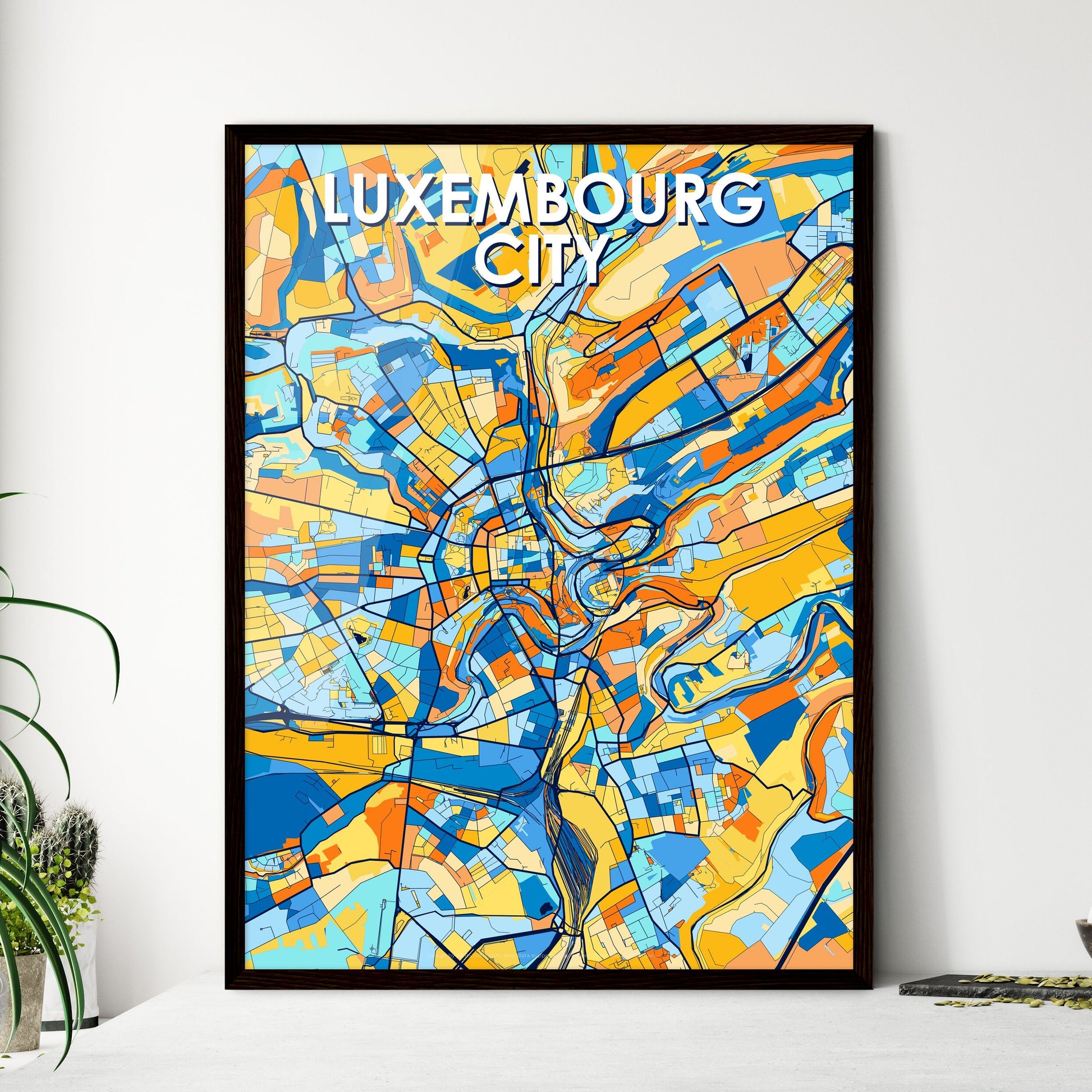 LUXEMBOURG CITY LUXEMBOURG Vibrant Colorful Art Map Poster Blue Orange